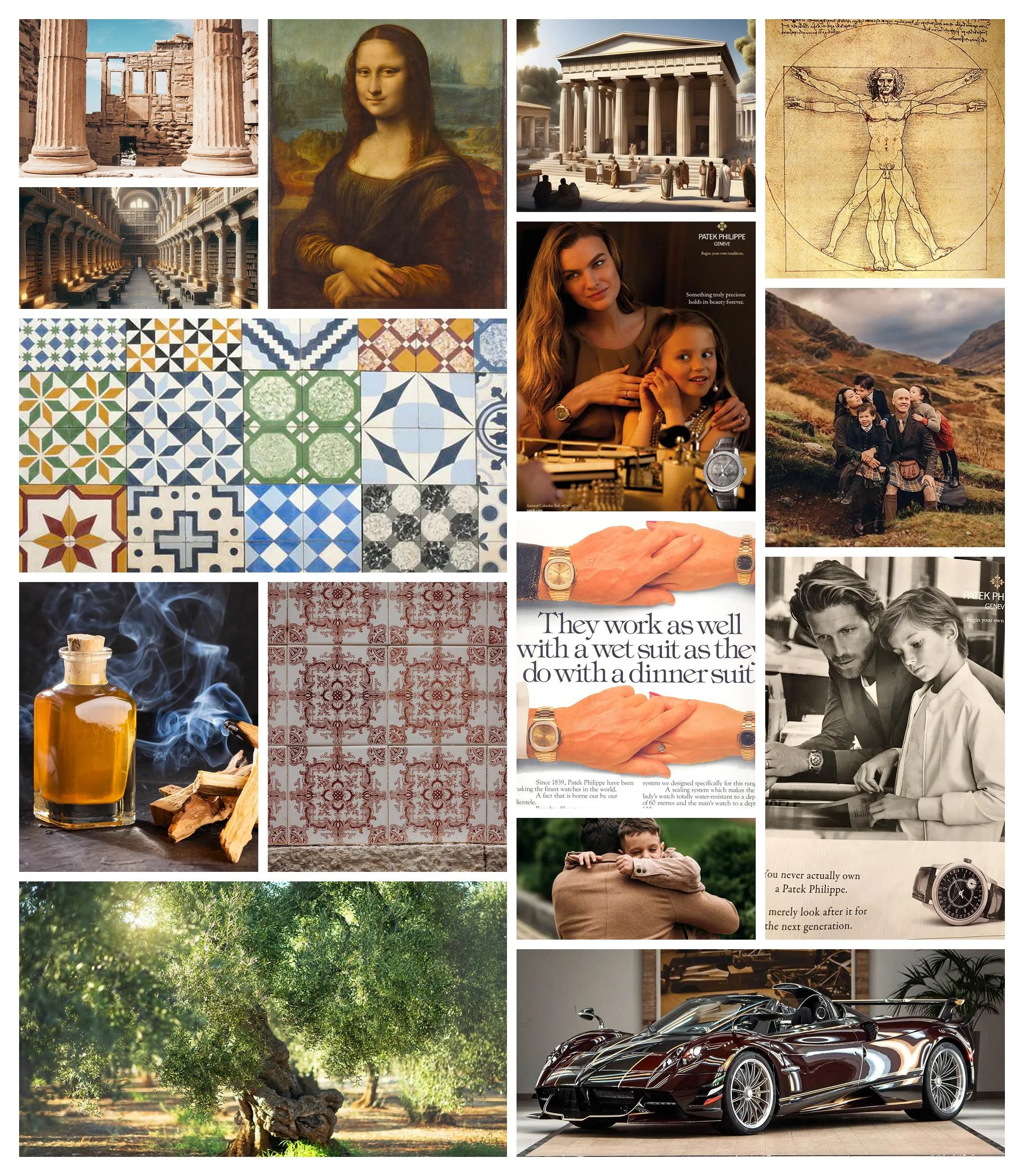 Moodboard — classical architecture, sculpture and Mediterranean textures.