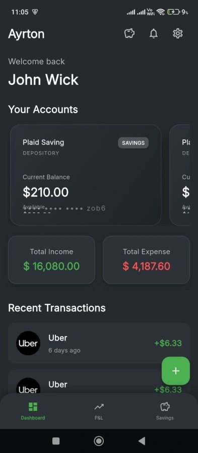 Home Page to Connect to Bank Accounts and to view the latest tansactions