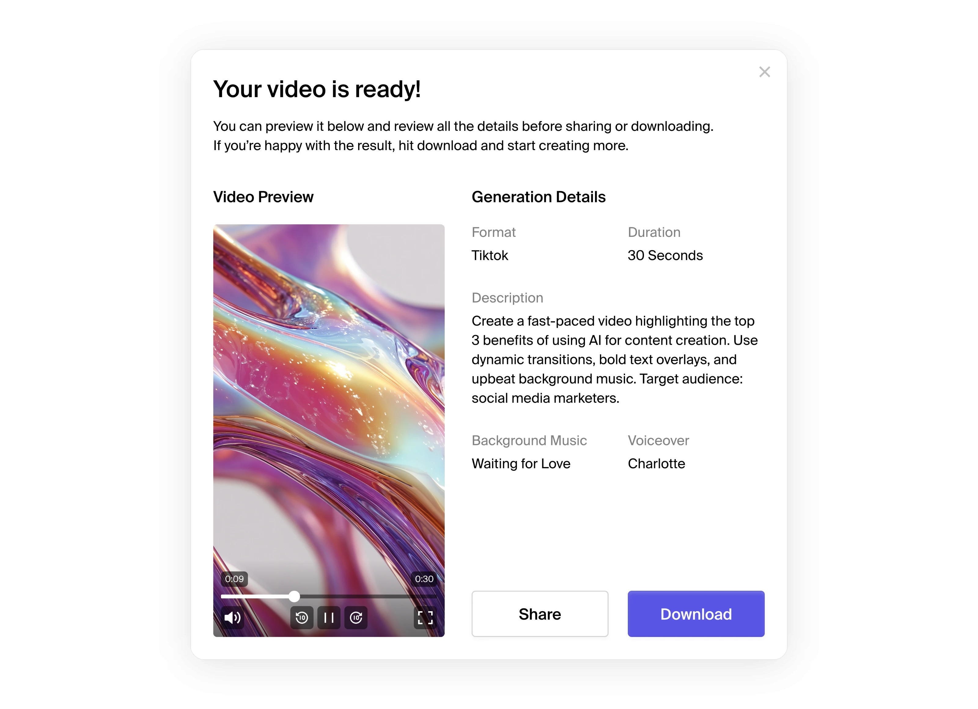 Modal with preview of AI-generated content.
