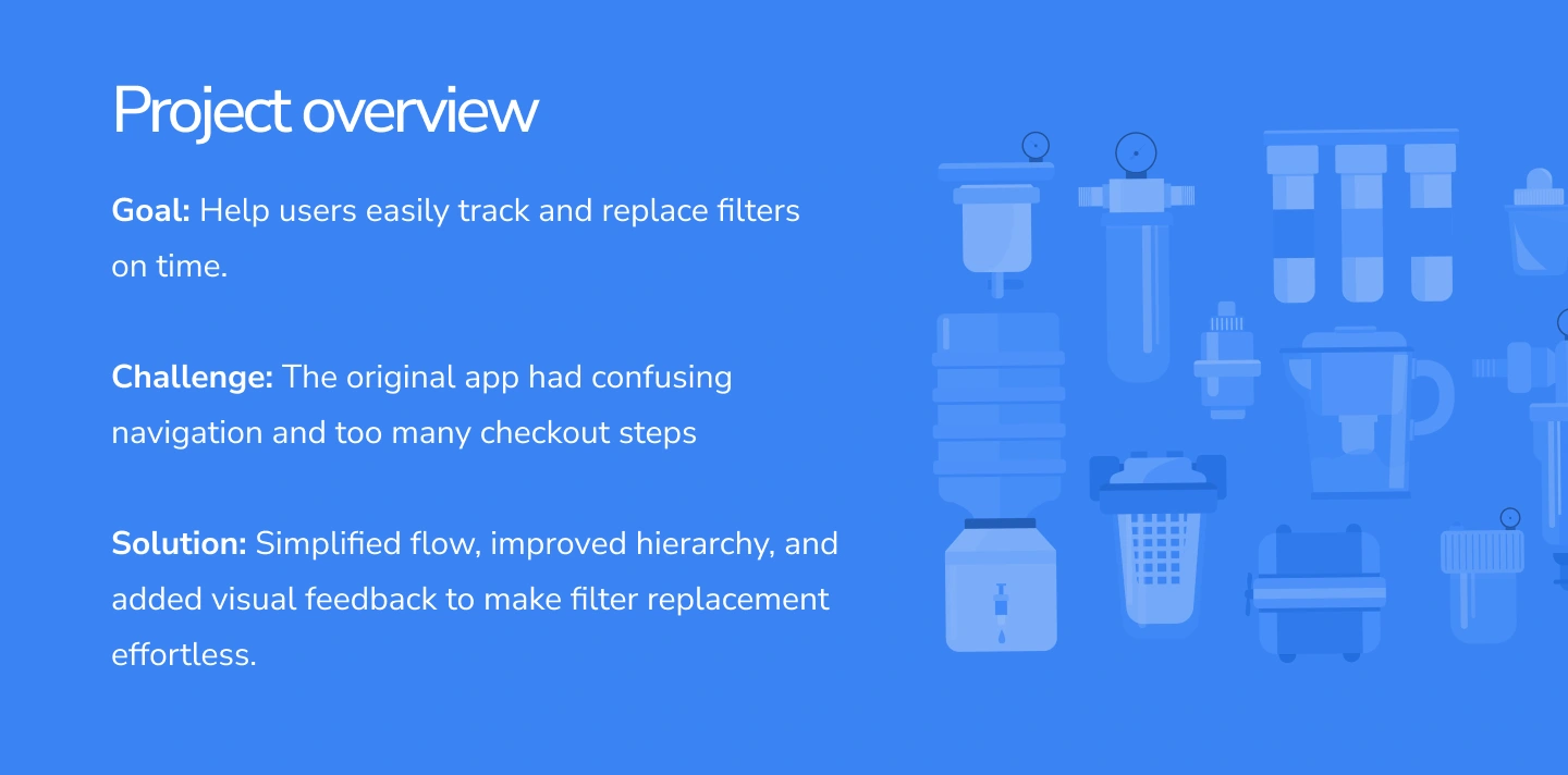 Summary of the app’s goal, main challenges, and design solution: clearer hierarchy, simplified flows, and visual alerts.