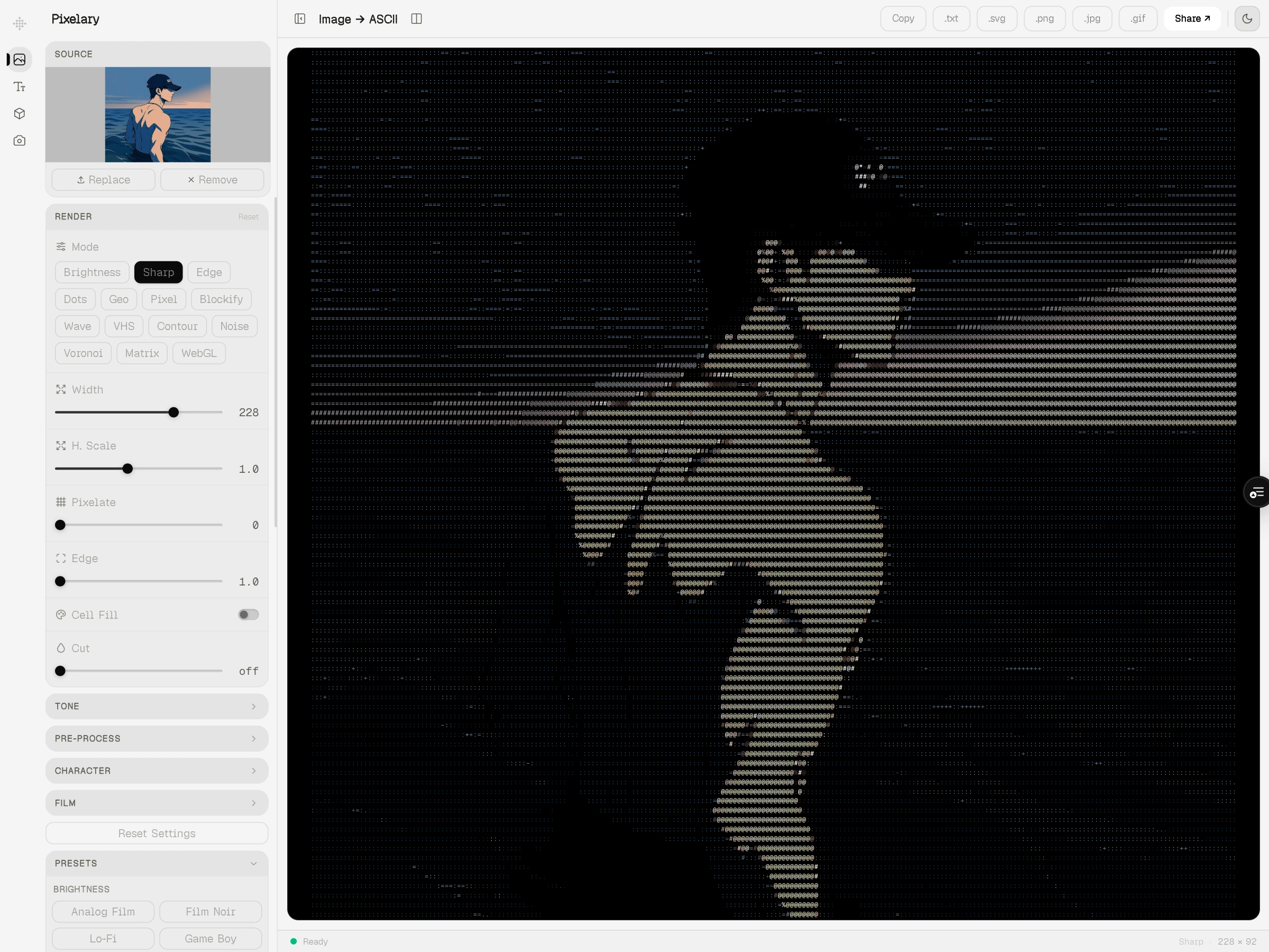 Pixelary studio — real-time ASCII rendering with live controls