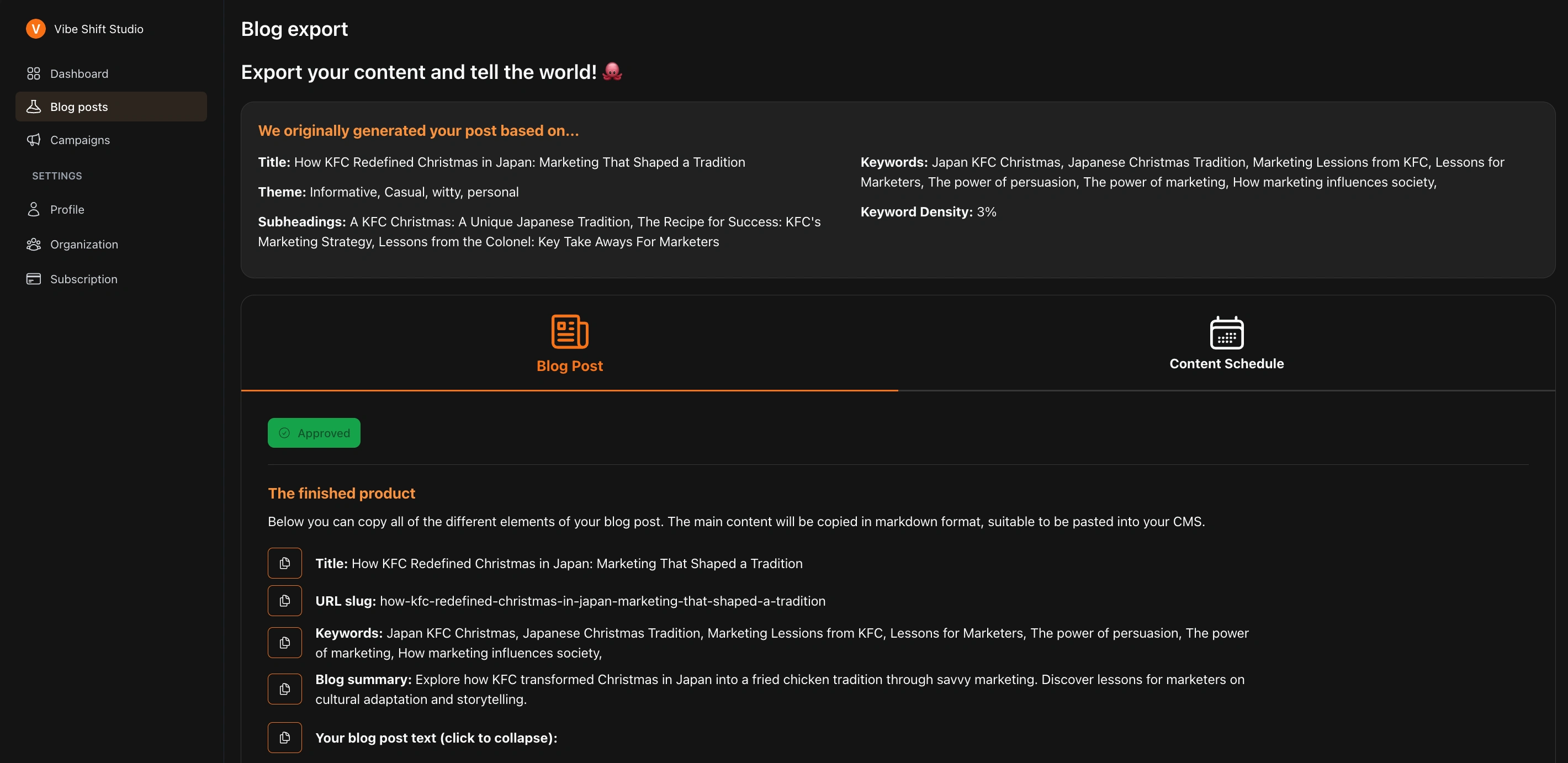 Start of a generated blog post where users can input the title, keywords and objectives of blog and subsequent campaign. 