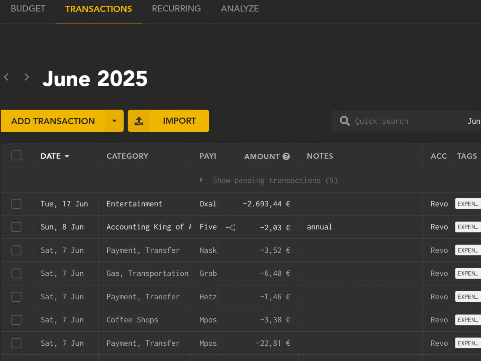 Sample Transactions View