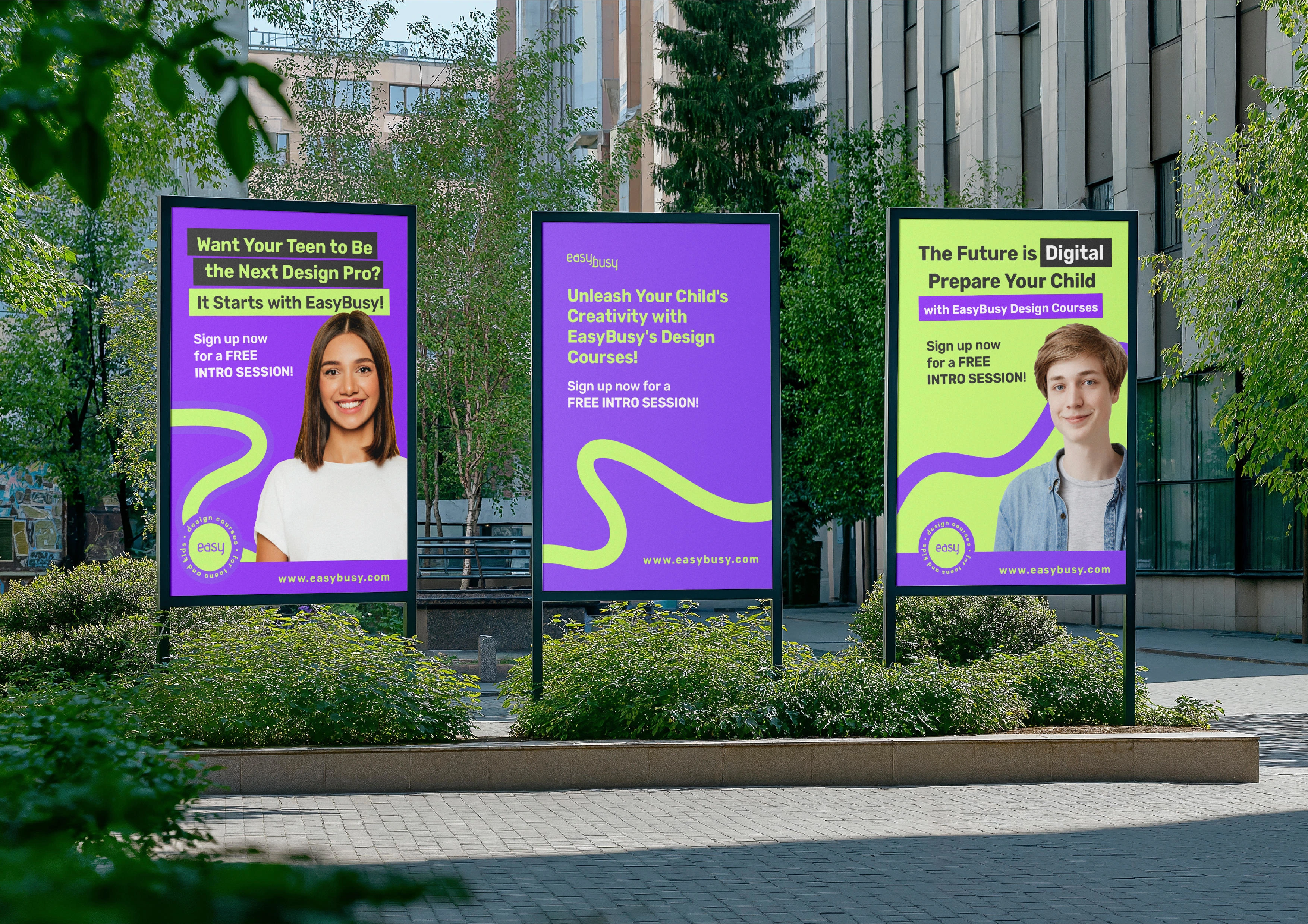 Coordinated set of street banners for consistent outdoor advertising.