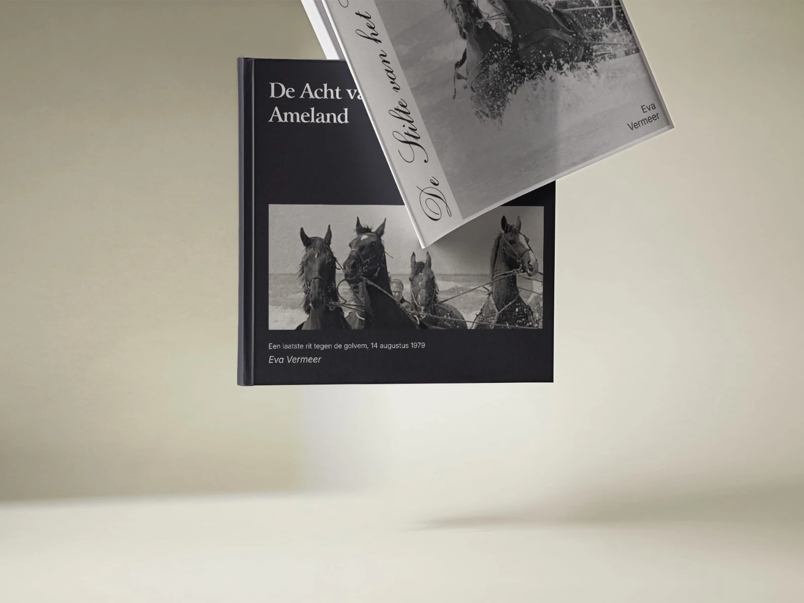 A dark, archival-inspired cover exploring the 1979 Ameland horses rescue, designed in the literary tone of De Lage Landen.