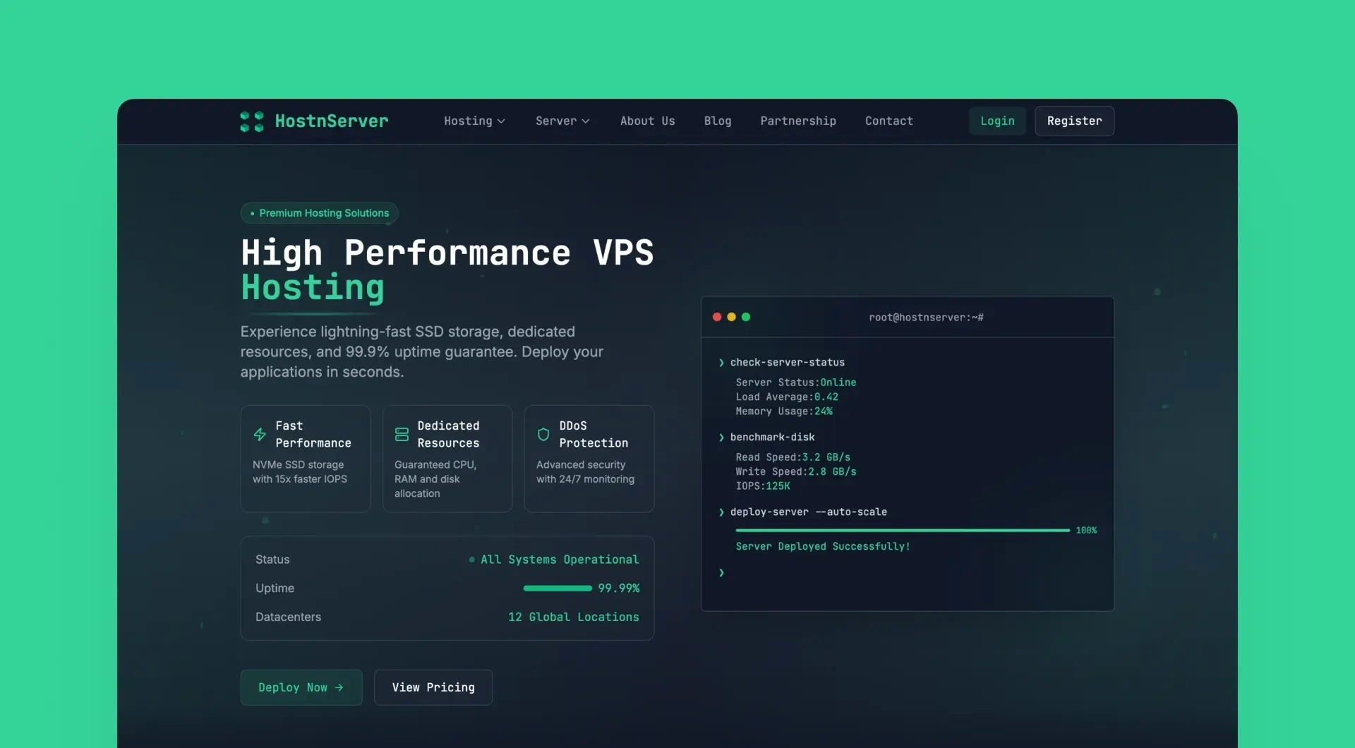 Clean and conversion-focused layout showing real-time pricing, server details, and landing page.