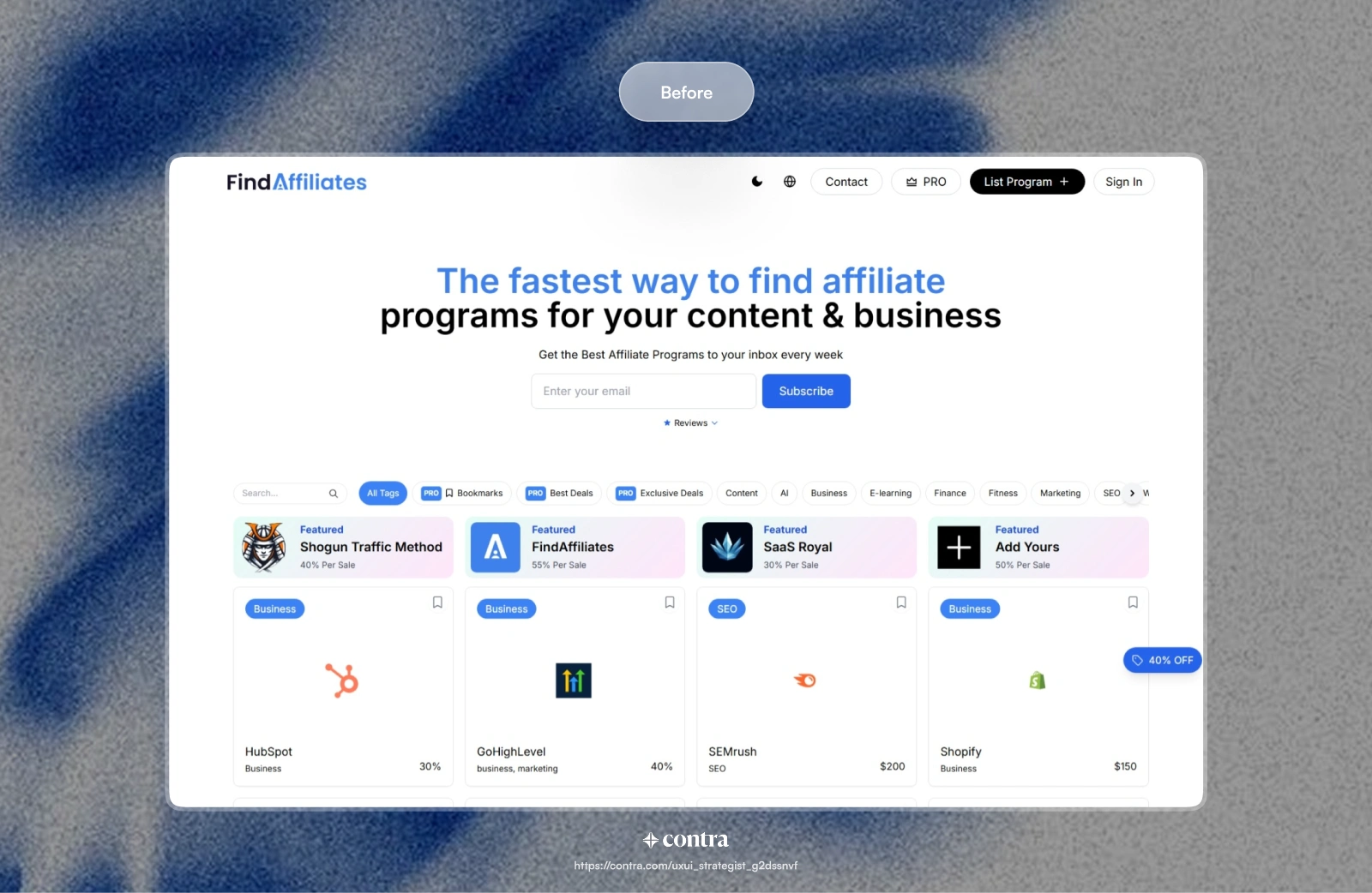 Before Version Of a FindAffiliates Web Redesign
