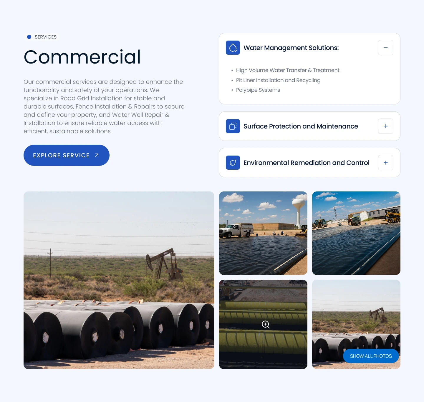 The Services section showcases what the organization offers — from water monitoring systems and treatment solutions to maintenance and data analytics. A successful design clearly separates each service with icons or visuals, short descriptions, and optional links to deeper pages. For a water management company, this section conveys technical expertise and reliability through structured layouts, consistent color usage, and real-world imagery.