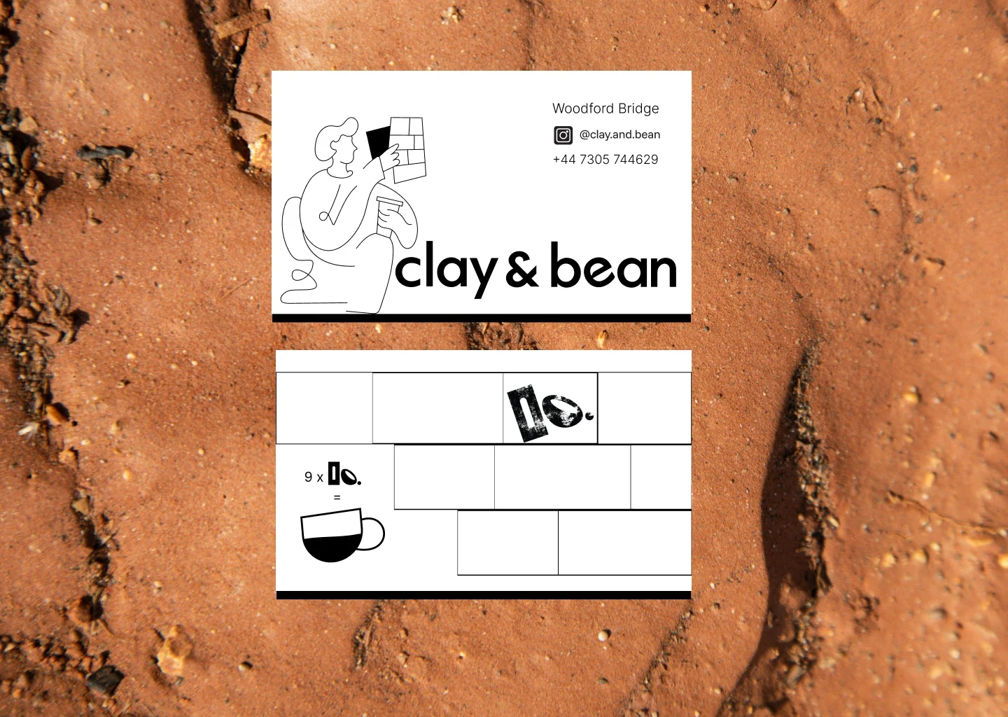Clay & Bean loyalty card with line art illustration and stamp design on clay background.
