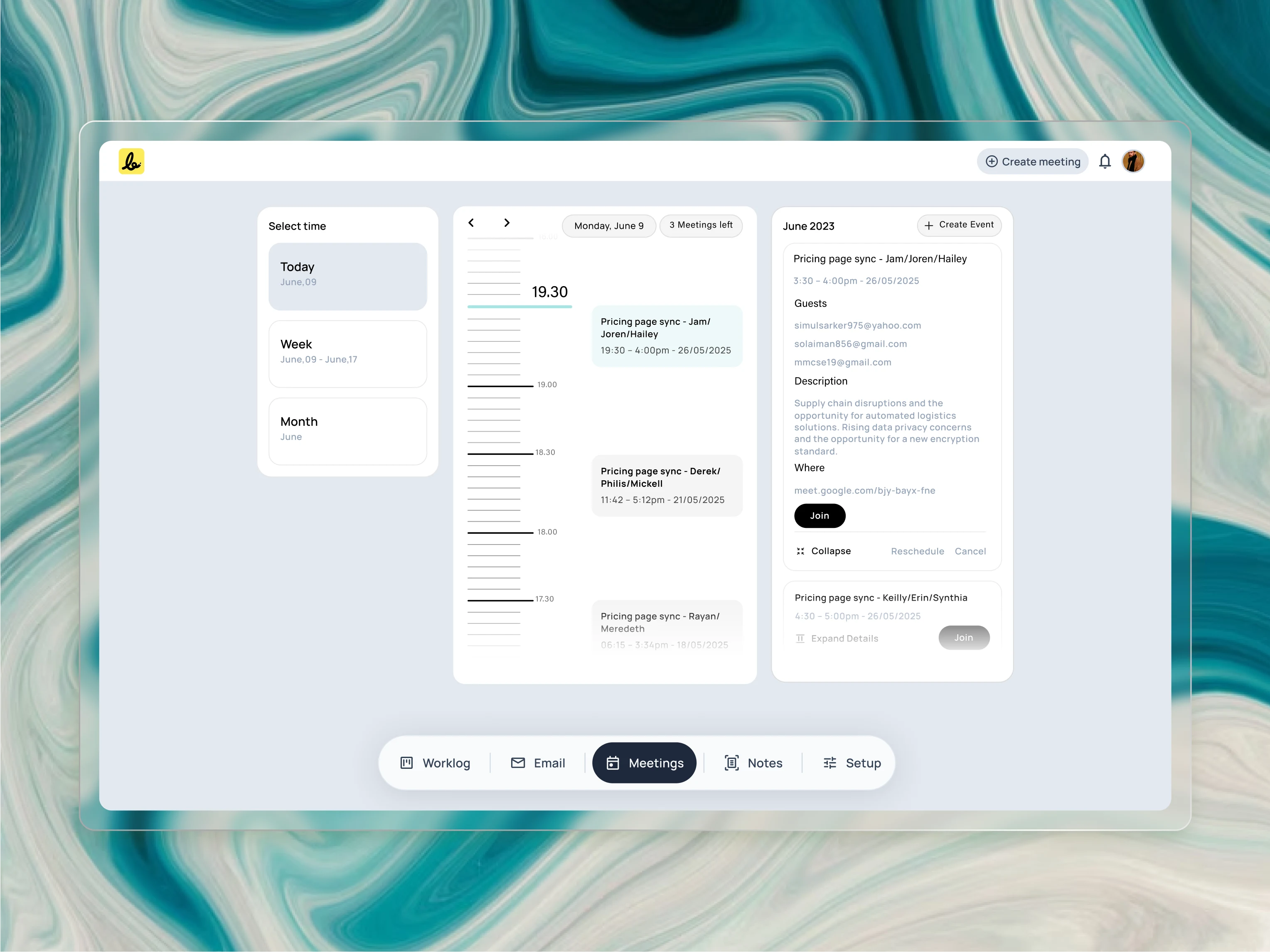 To
 create clarity, I reimagined the traditional calendar. This “Today” 
view uses a unique vertical timeline to help users intuitively feel the 
flow and density of their day, focusing on the agenda rather than on 
empty hours.