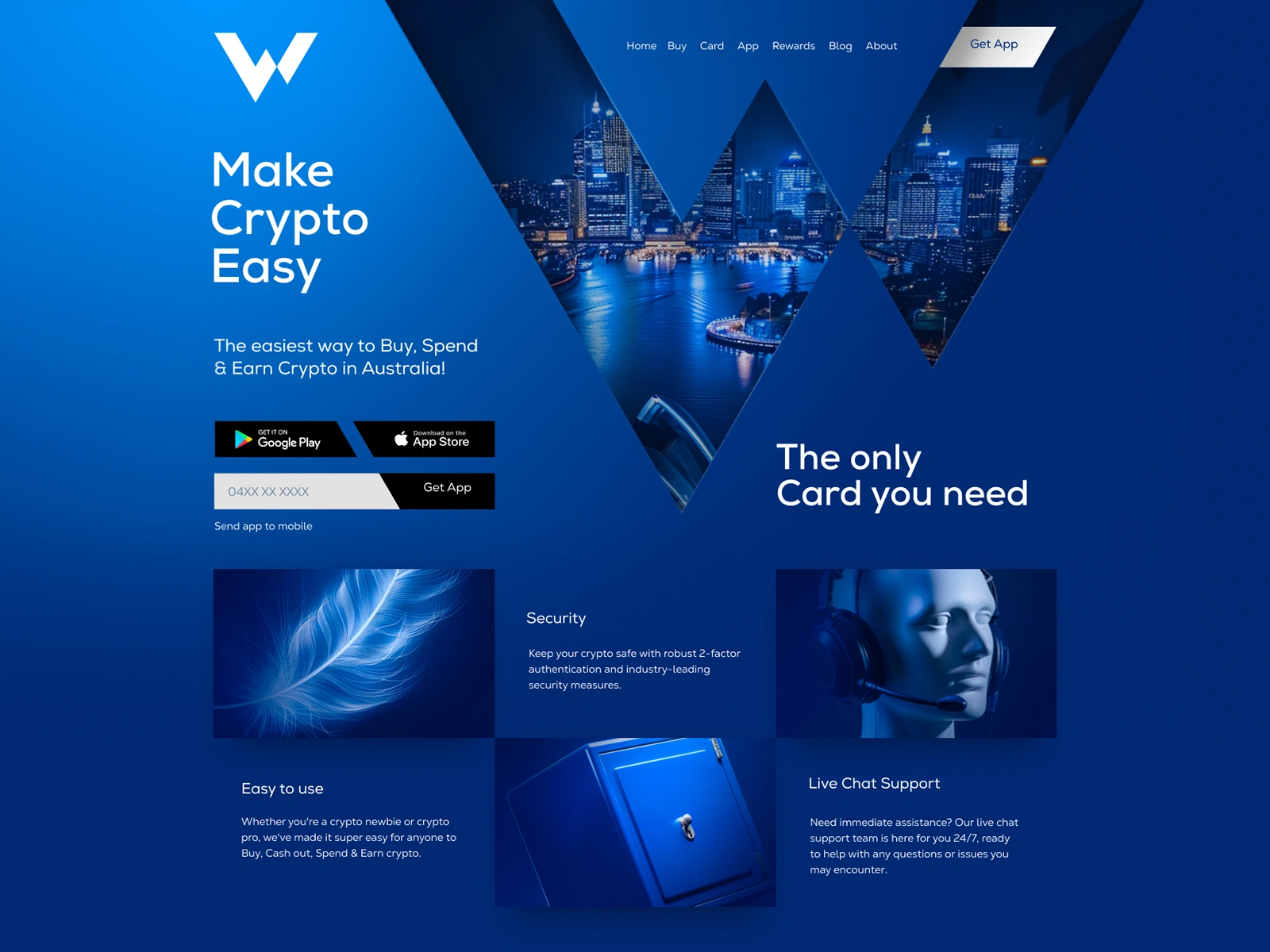 Landing page hero with bold W mark, direct copywriting, and visual identity tailored for trust and crypto accessibility in the Australian market.