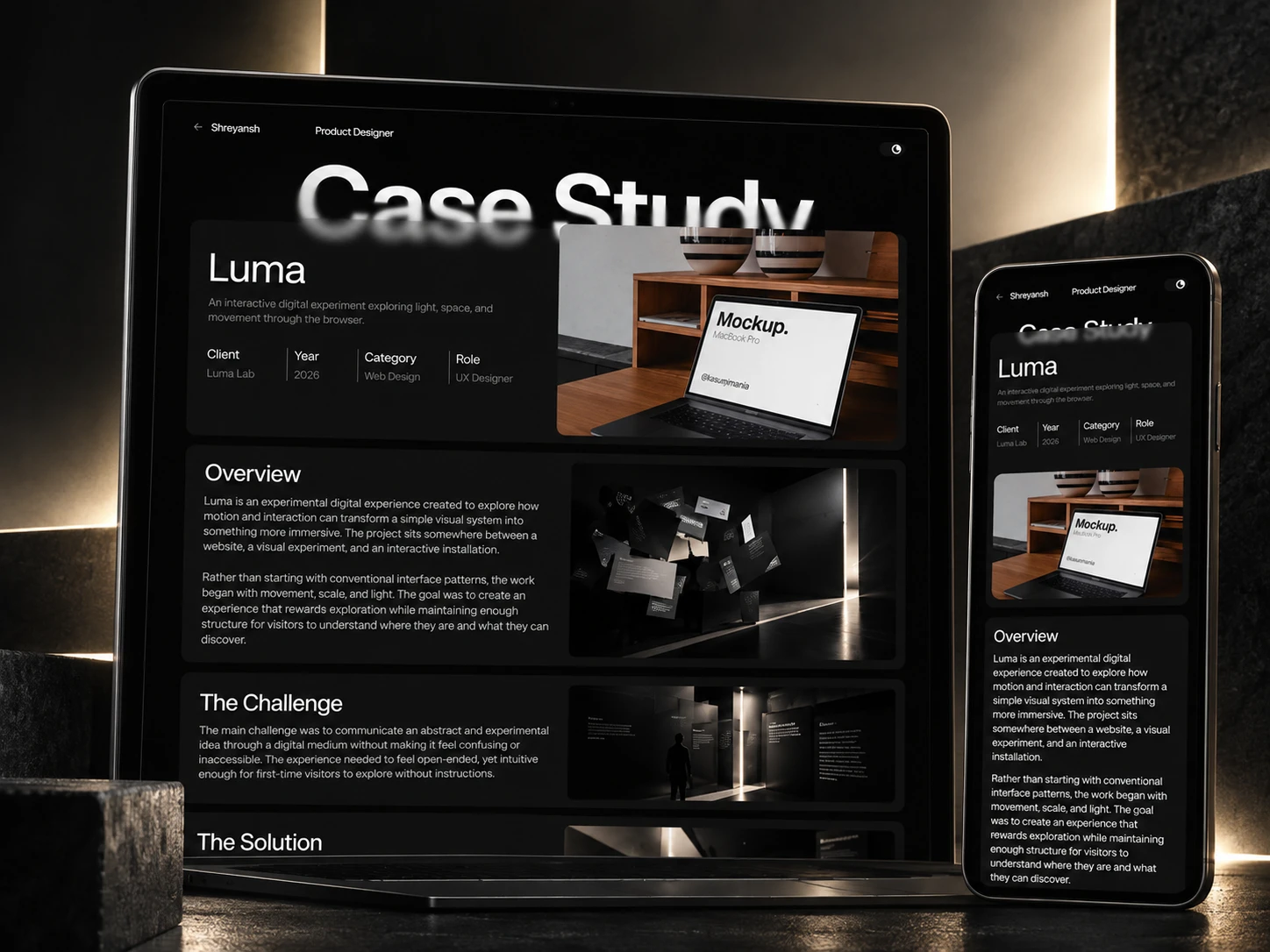 CMS-powered content keeps the portfolio expandable without breaking its visual system.