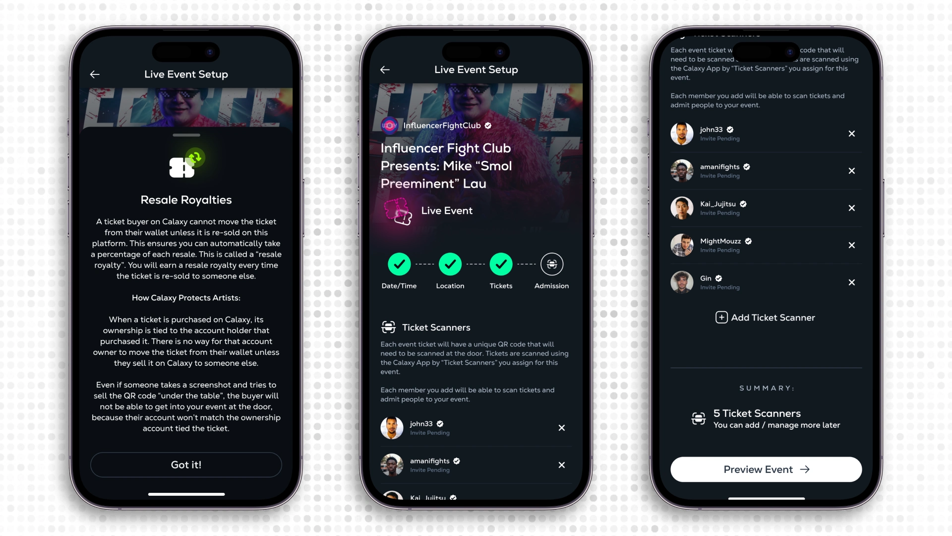 Screen 5: Add scanner accounts to admit attendees at the door.