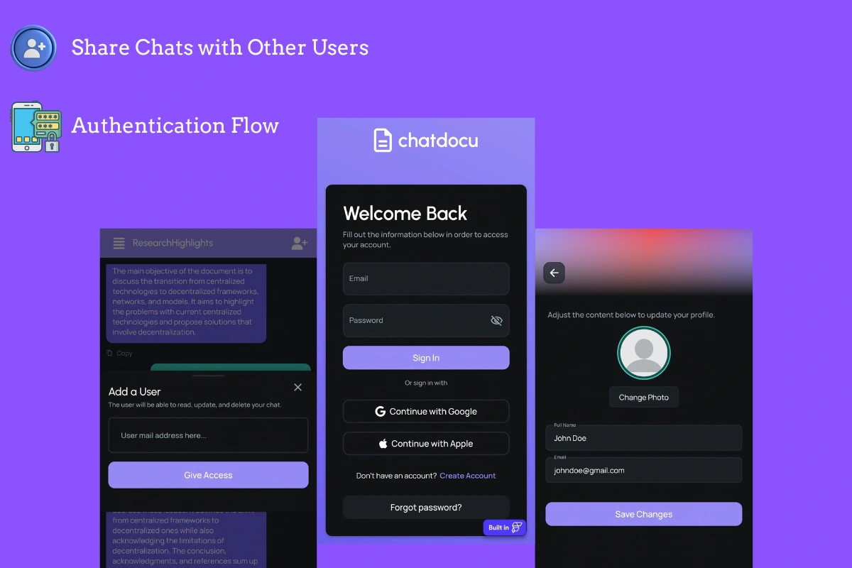 Main Page: Authentication Flow, Chat Flow, and Share Flow