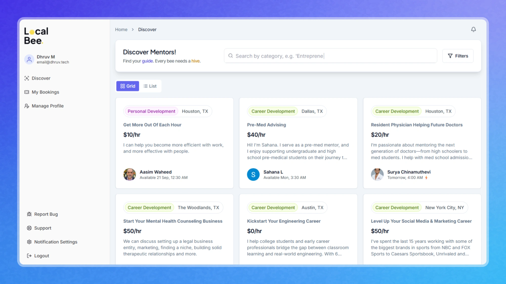 Mentorship discovery page - Mentee View