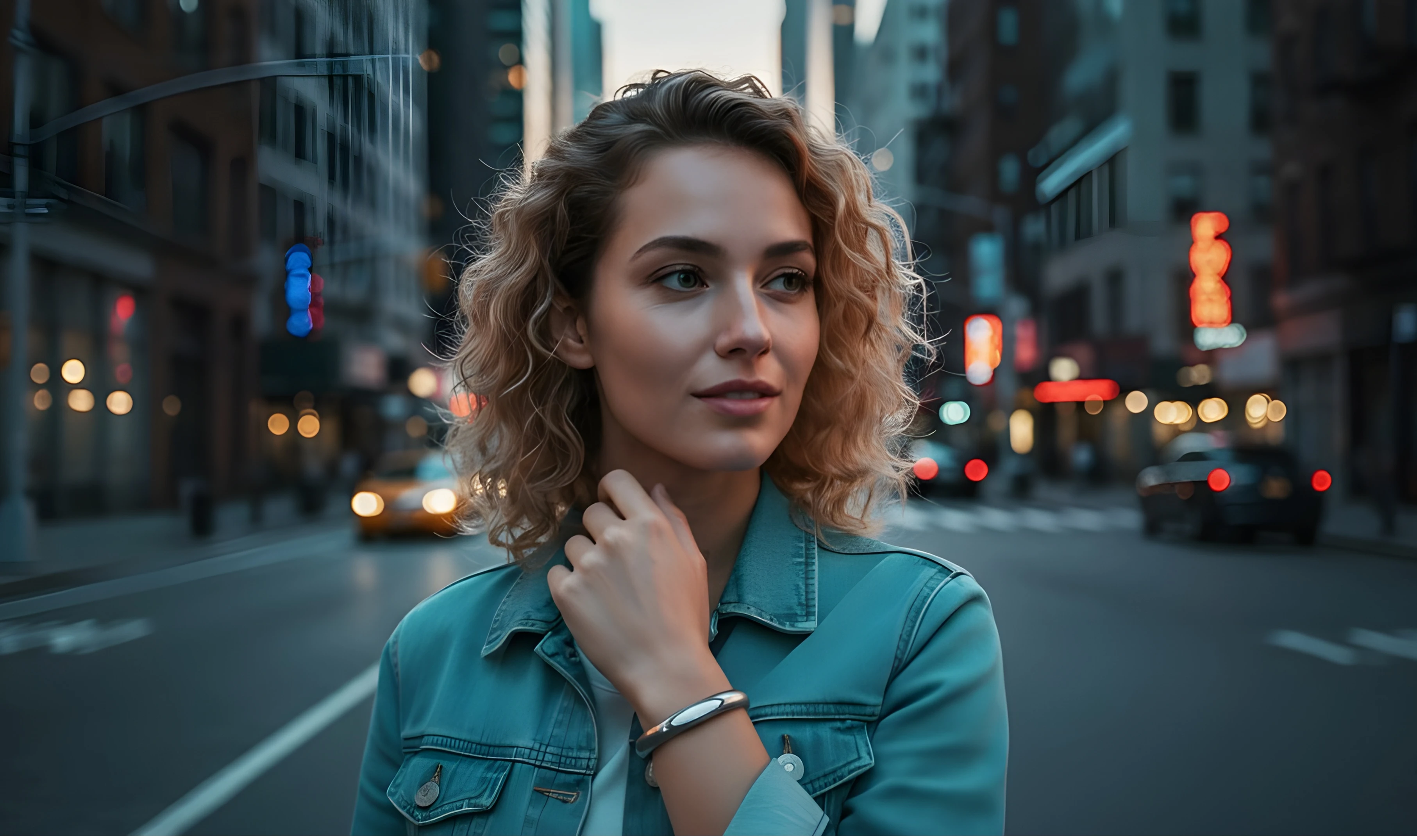 A person (ai model) wearing EMOTRACE bracelet.