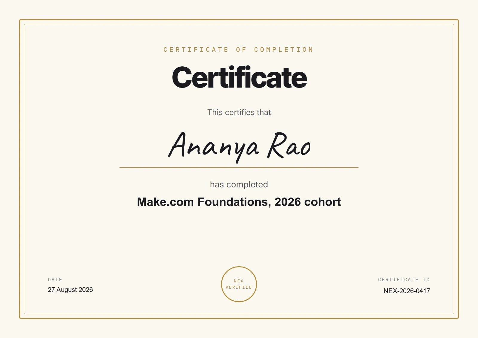 The same base template filled by a Cloudinary transformation URL: name, course, date and certificate ID laid over the base, demo data