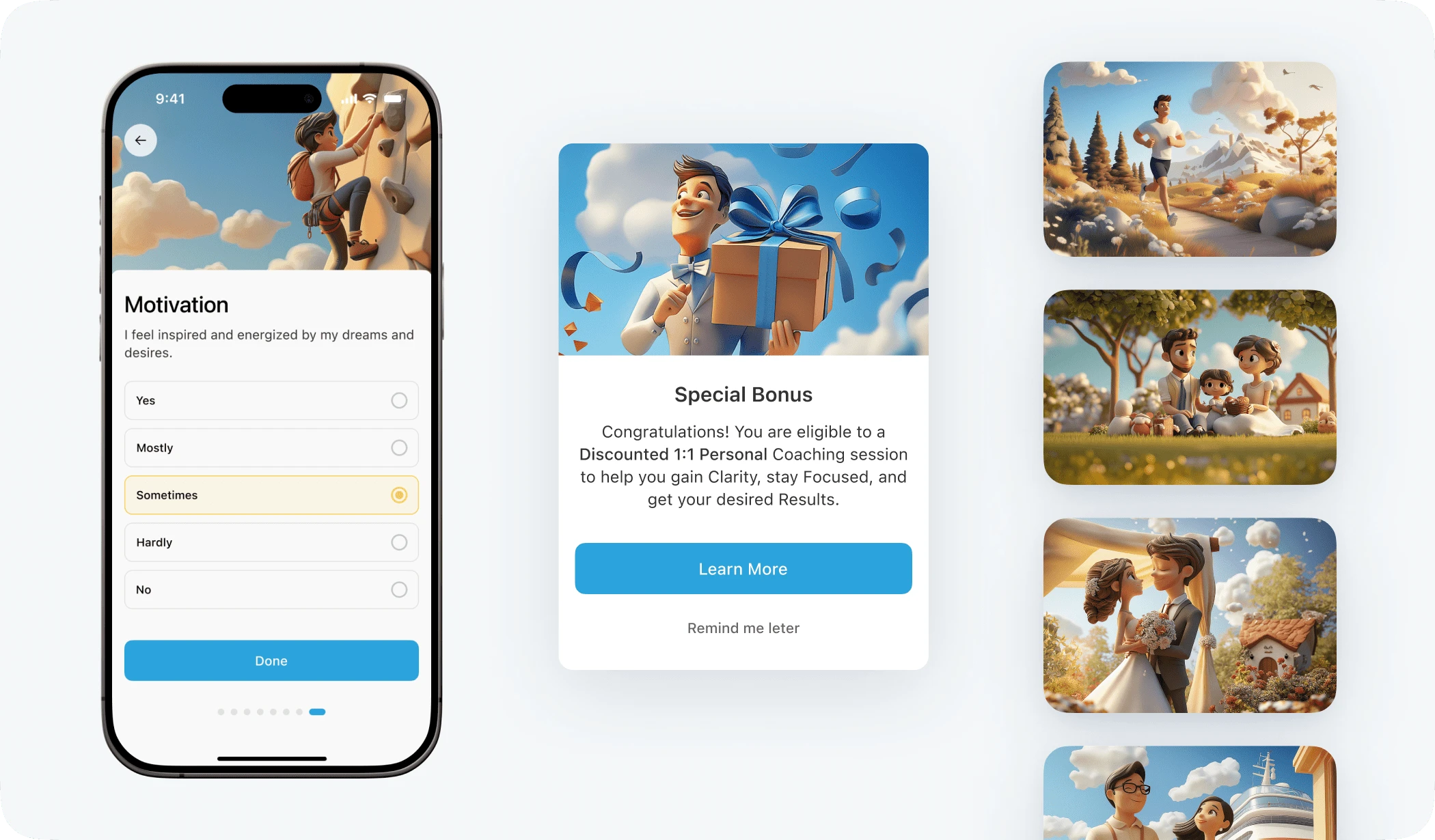 Motivational Screens: Custom 3D illustrations to inspire users.
