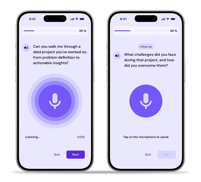 Questions adapt based on previous responses, mimicking a real interviewer’s curiosity. The staggered follow-up avoids robotic flow.