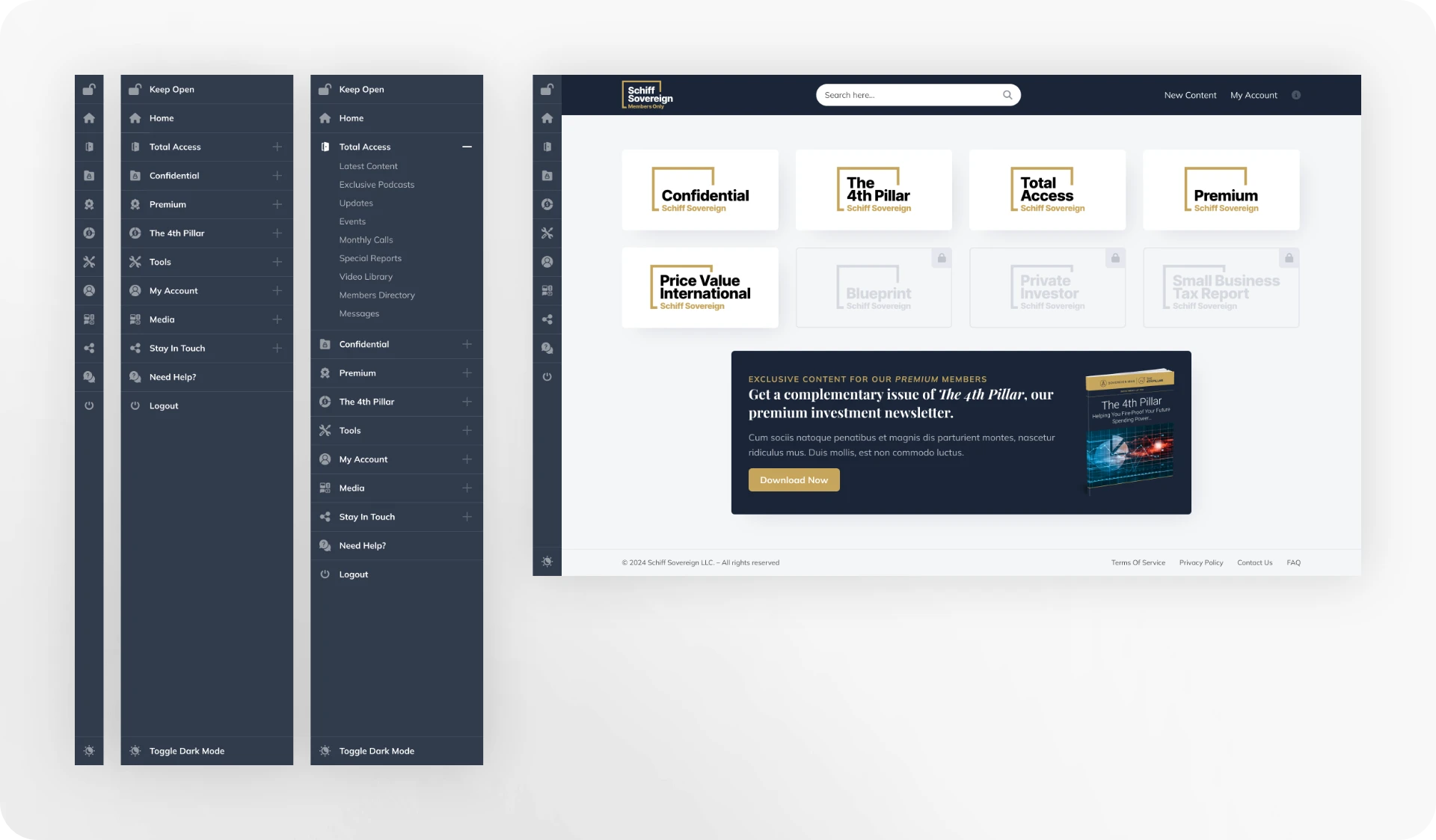 Redesigned member dashboard – intuitive navigation for multiple premium product tiers and resources