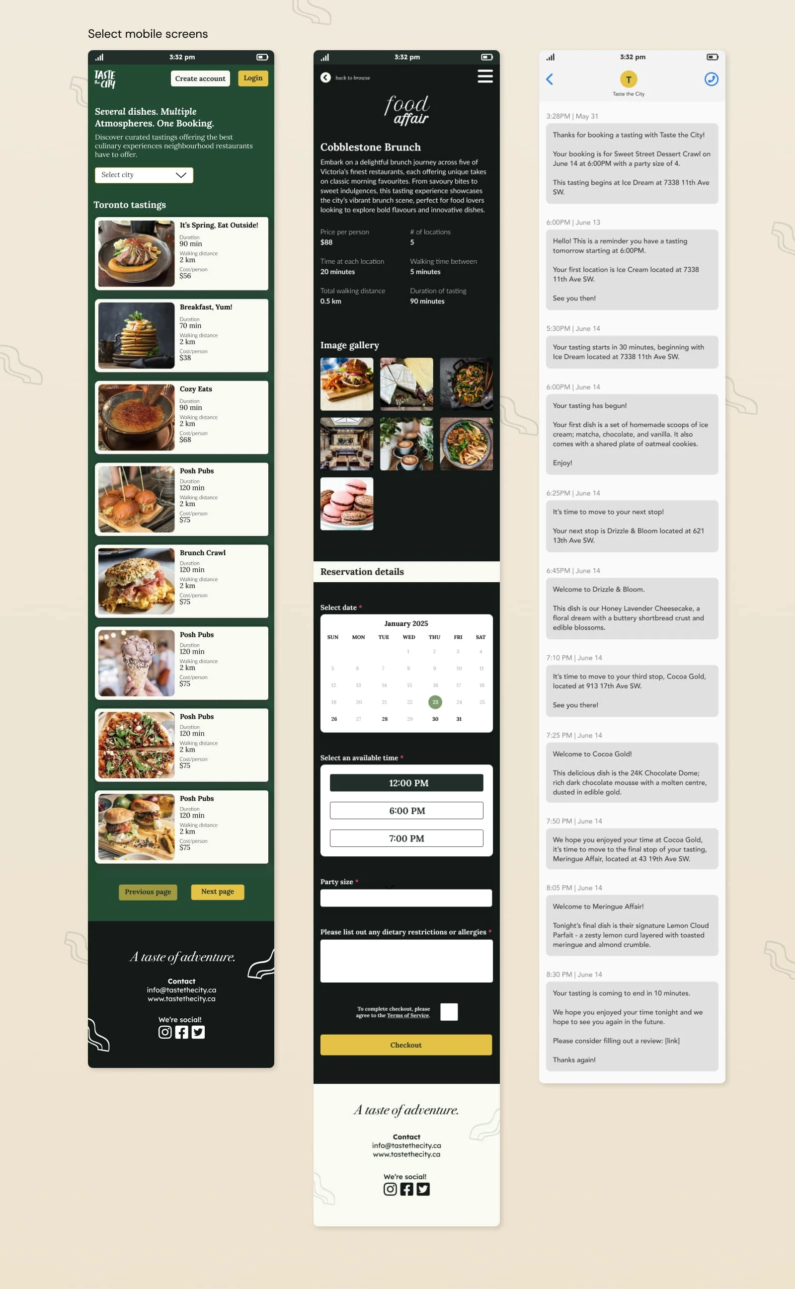 Select mobile screens. Once a customer has made a booking they will get some automated texts confirming the booking and reminding them of the upcoming date. On the day of the tasting, a series of texts will guide them through the various stops and introduce dishes.