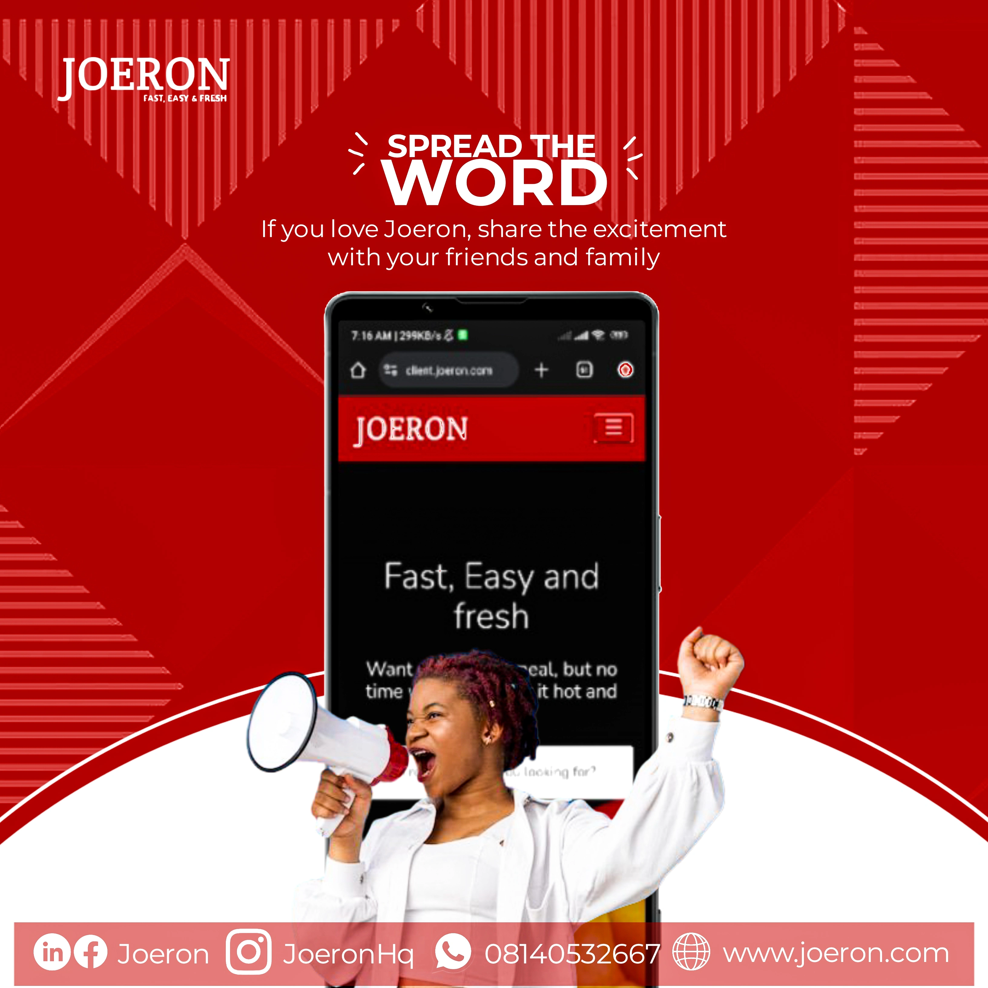 I Worked on series of social media designs for JOERON, a food ordering company based in Nigeria. The project involved creating a visually engaging designs that aligns with the brand's audience, I Used Adobe Photoshop and Adobe illustrator to design and deliver high quality and eye-catching visuals for their audience.