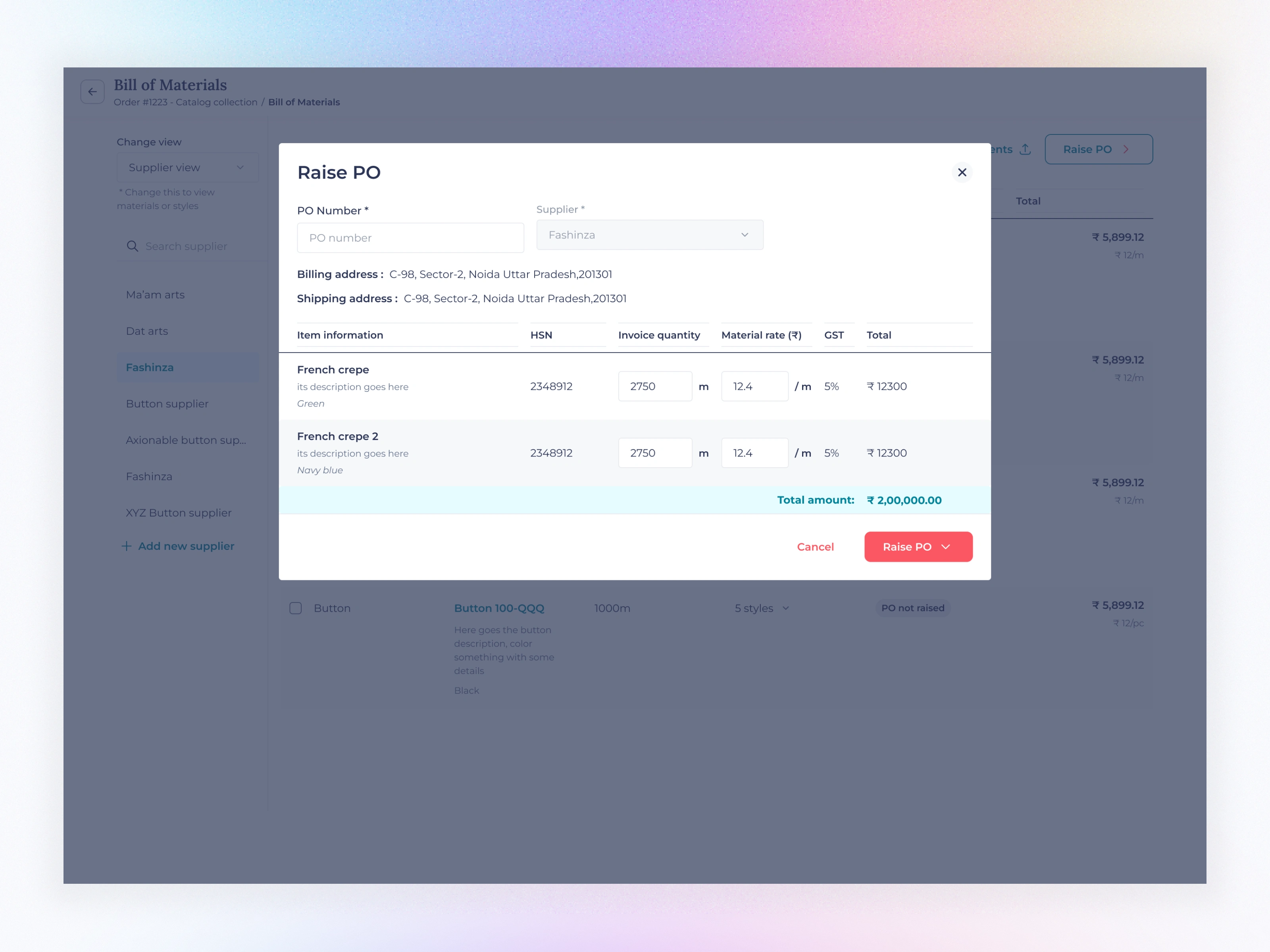 Supplier view Raise PO popup