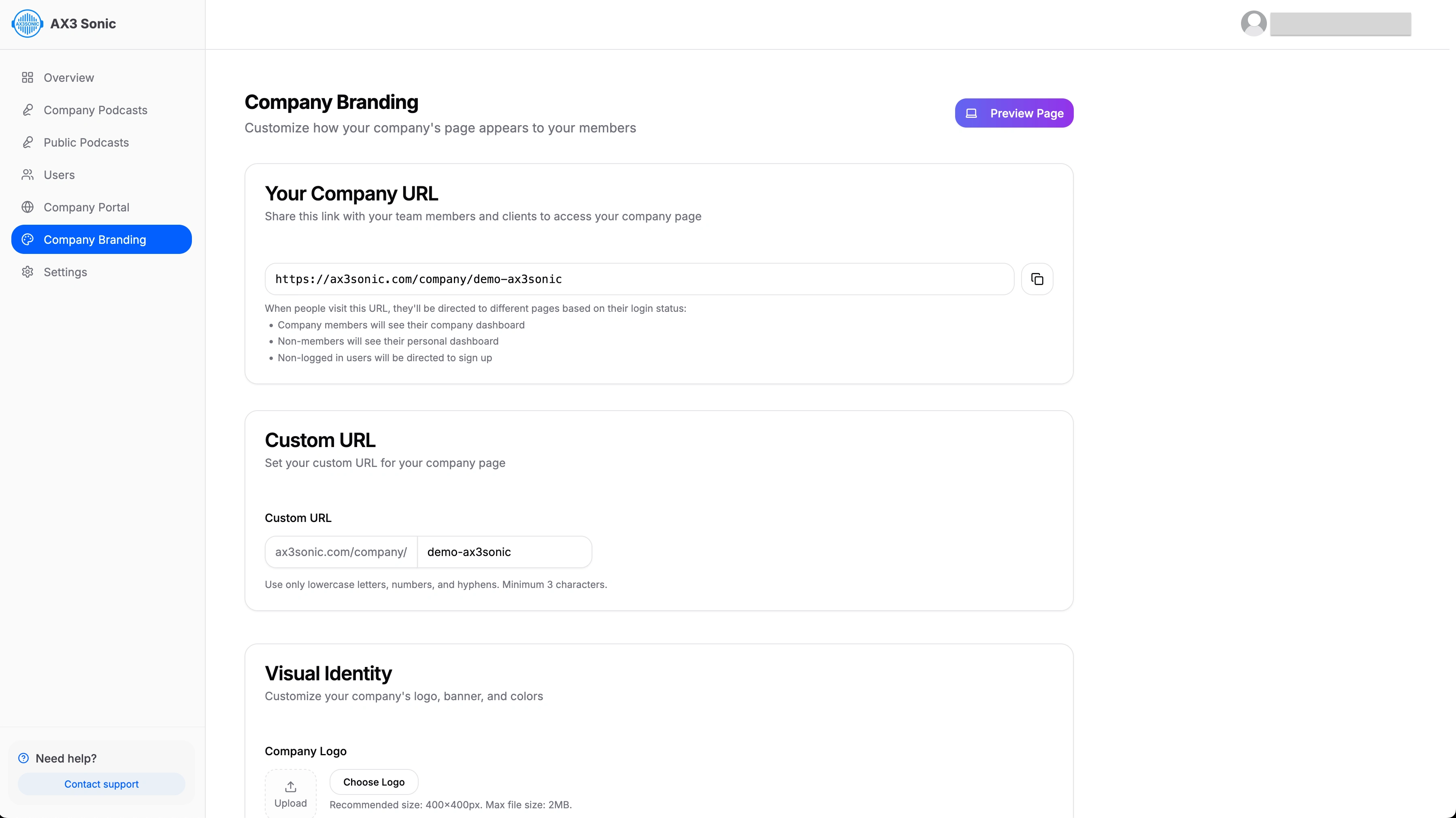 Company Branding Customzation Page