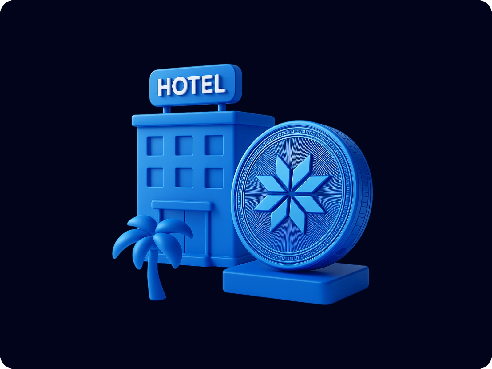 A cozy hotel scene with HolidayChain coins shows how your Gift Tokens open the doors to accommodations worldwide—luxury, comfort, and crypto rewards in one seamless booking.