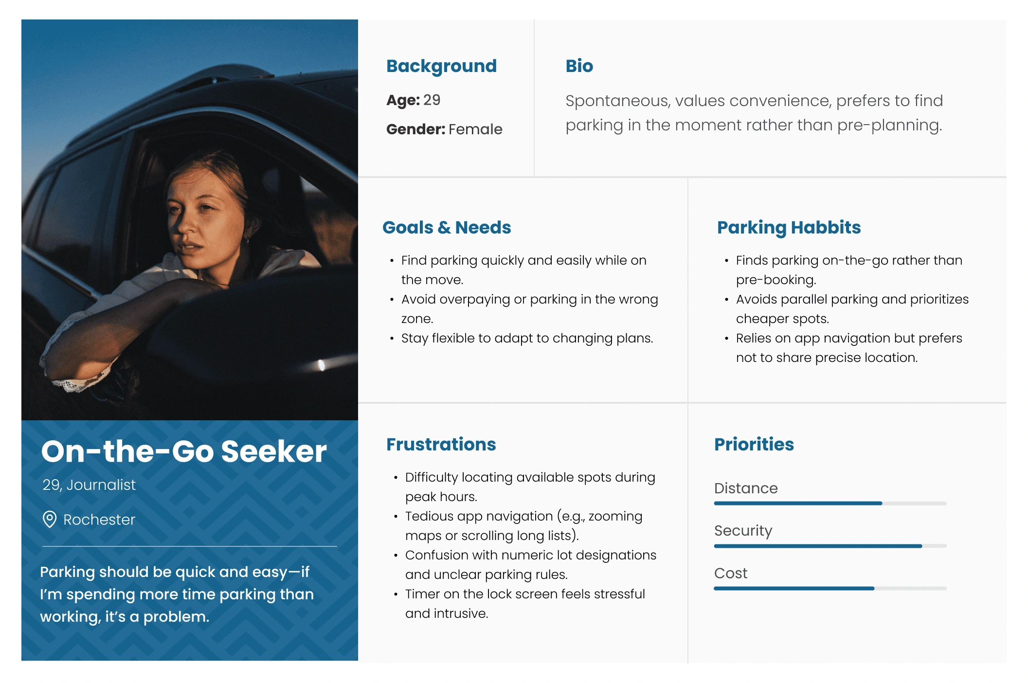 On-the go seeker: Values flexibility and convenience, opting to find parking in real-time