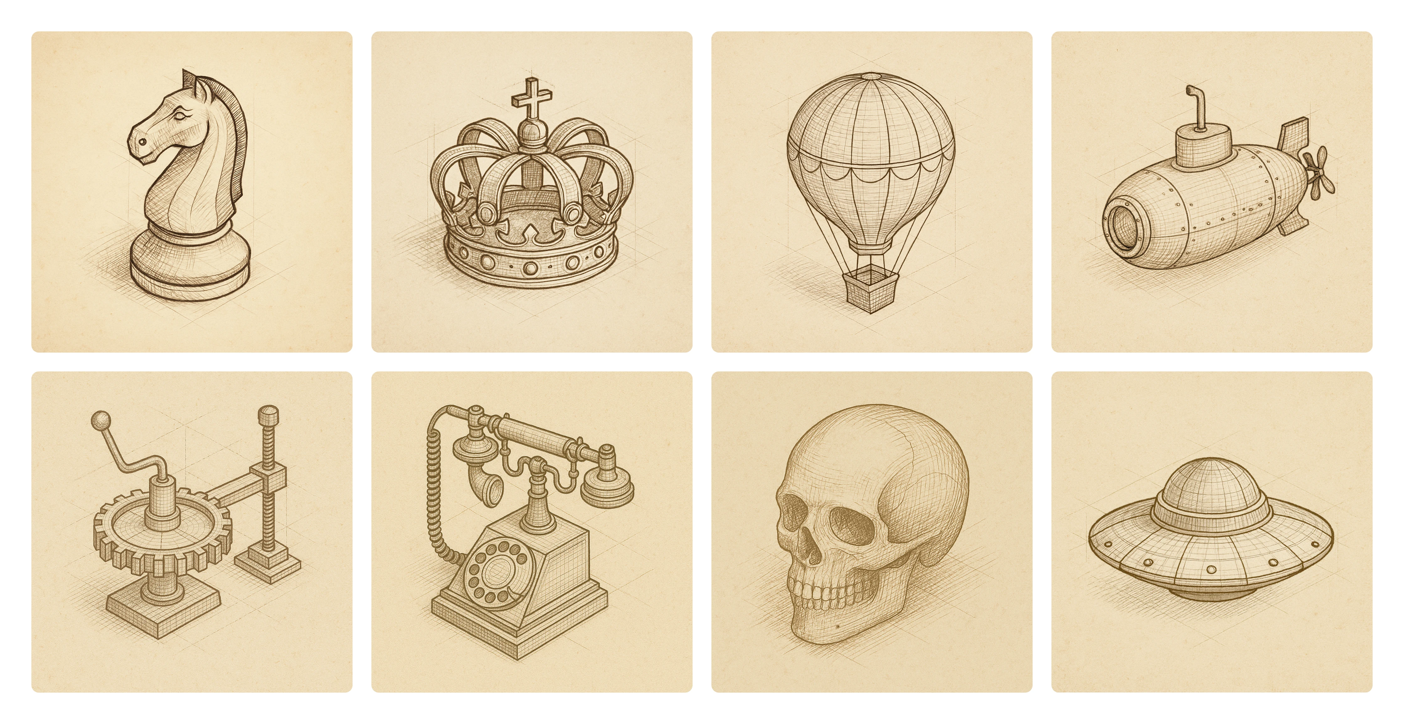 8 unique icons in "Historic Hand-Drawn Artworks" theme
