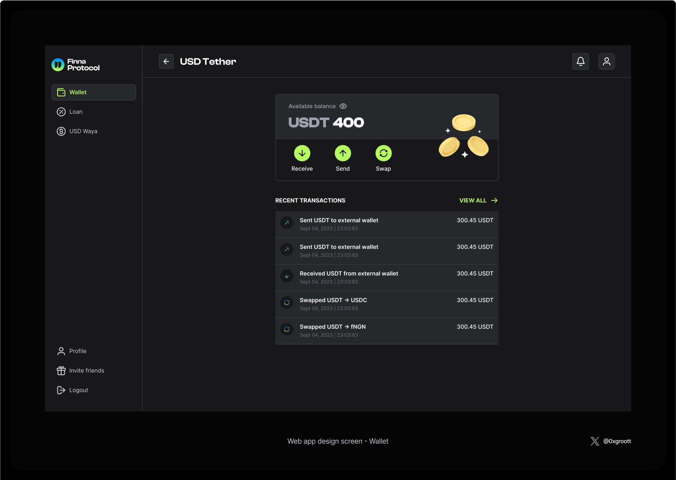USDT WALLET SHOWING BALANCE AND RECENT TRANSACTIONS