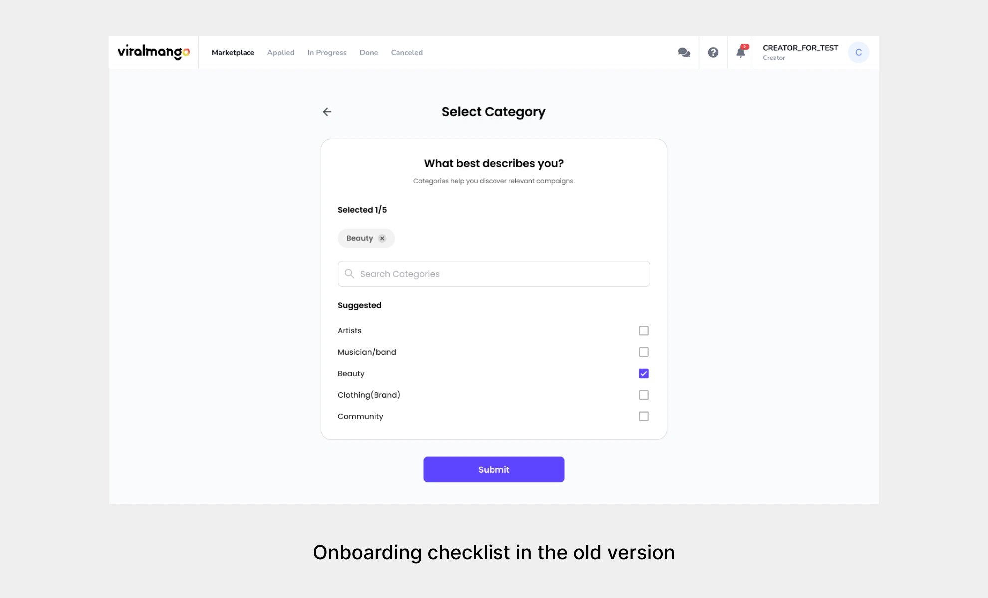 Onboarding checklist in the old version