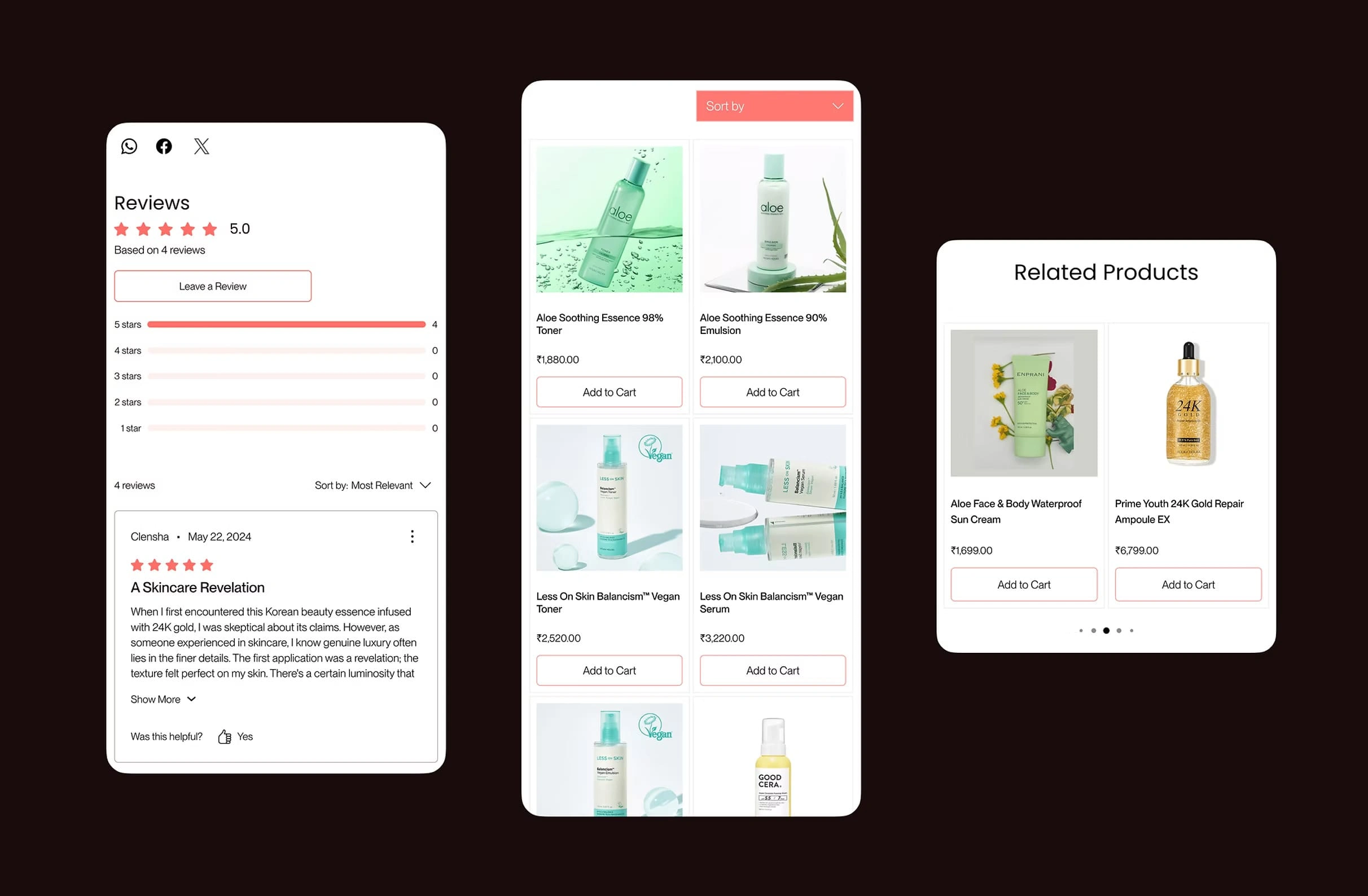 Mobile screens of review section and product 