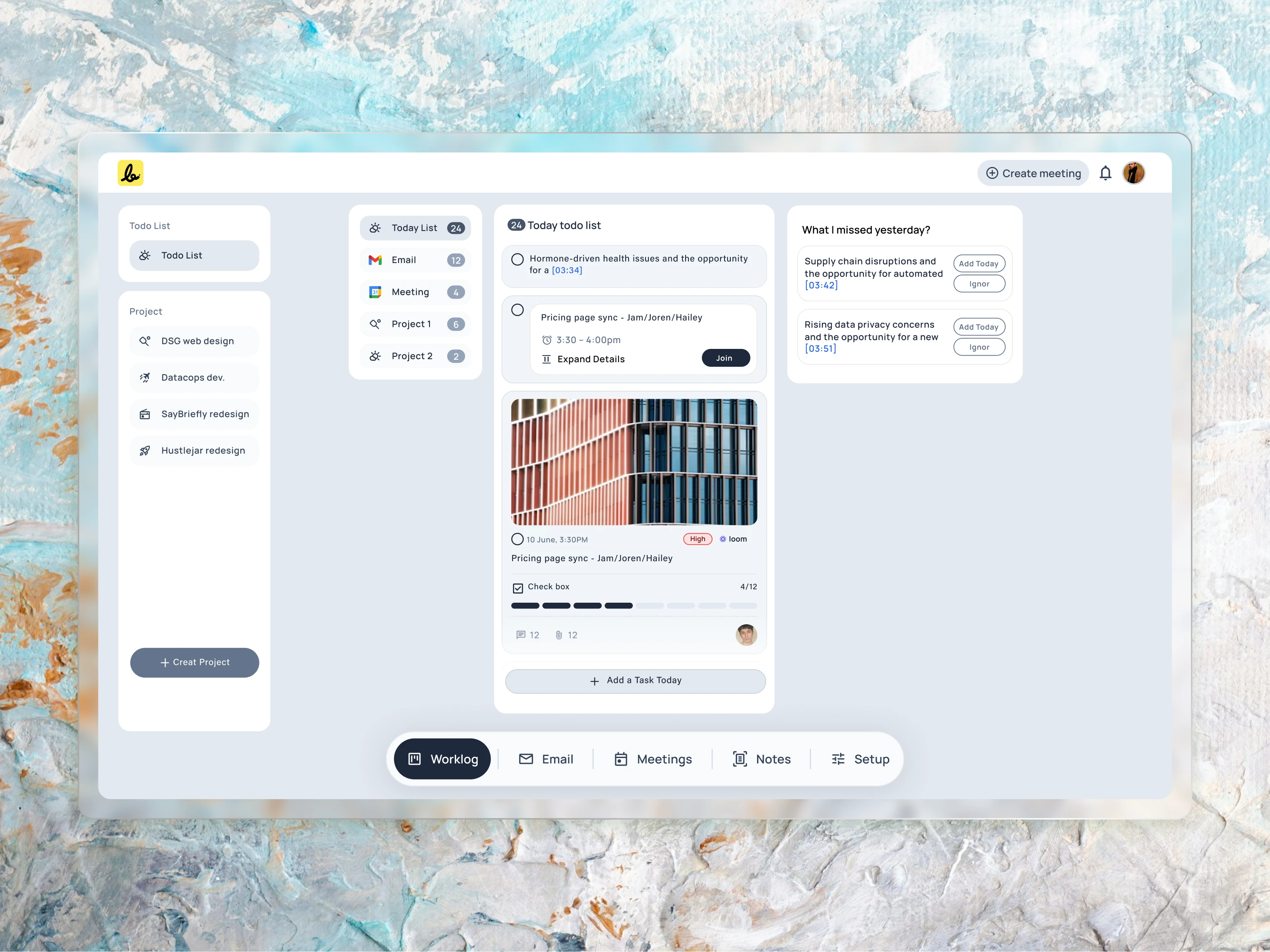 To
 help users focus on what’s most important, I designed this “To Do List”
 view. It provides a clear list of today’s tasks and includes a smart 
“What I missed yesterday?” panel to proactively suggest overdue items, 
ensuring nothing falls through the cracks.