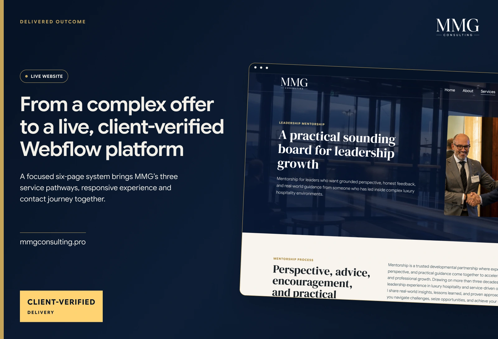 A live, client-verified Webflow platform that turns a complex offer into a clear path to inquiry.