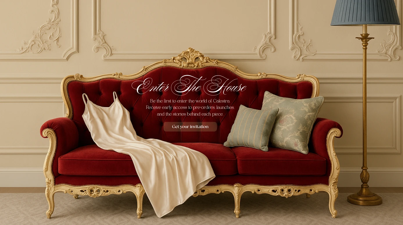 This section transforms email capture into an elegant narrative moment, a formal invitation to Enter the House of Calestra. The CTA is designed to feel intimate and cinematic, evoking exclusivity without urgency. Visually anchored in the world of the brand, it sets the tone for a pre-launch rooted in story, emotion, and slow anticipation.