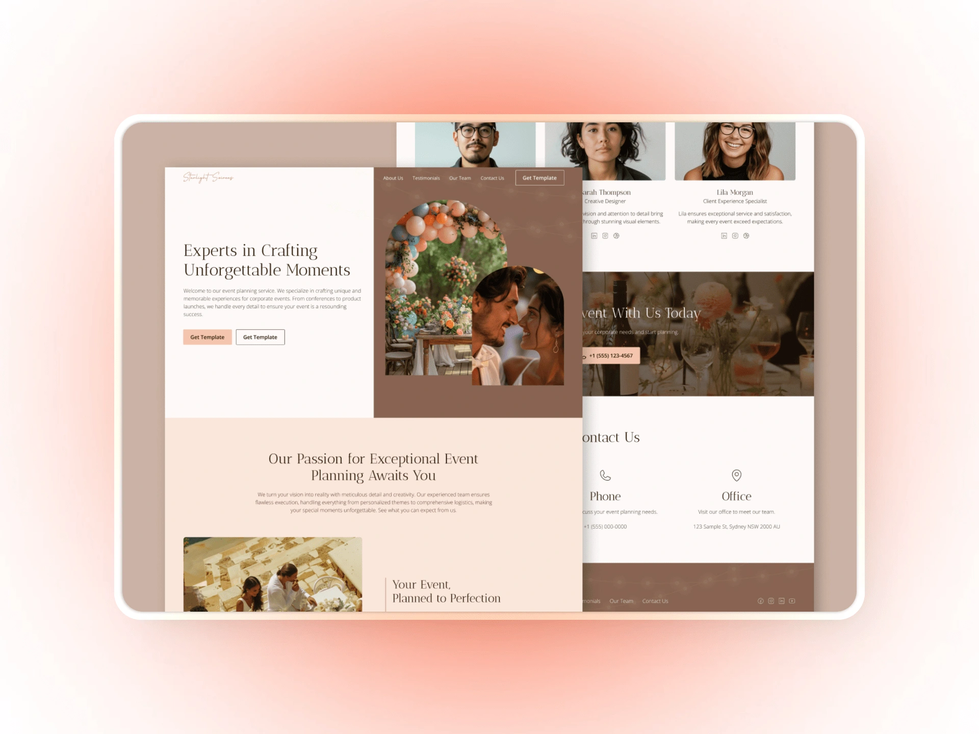 Starlight Soirees is an elegant event template with neutral tones and light-inspired details, perfect for showcasing memorable occasions.