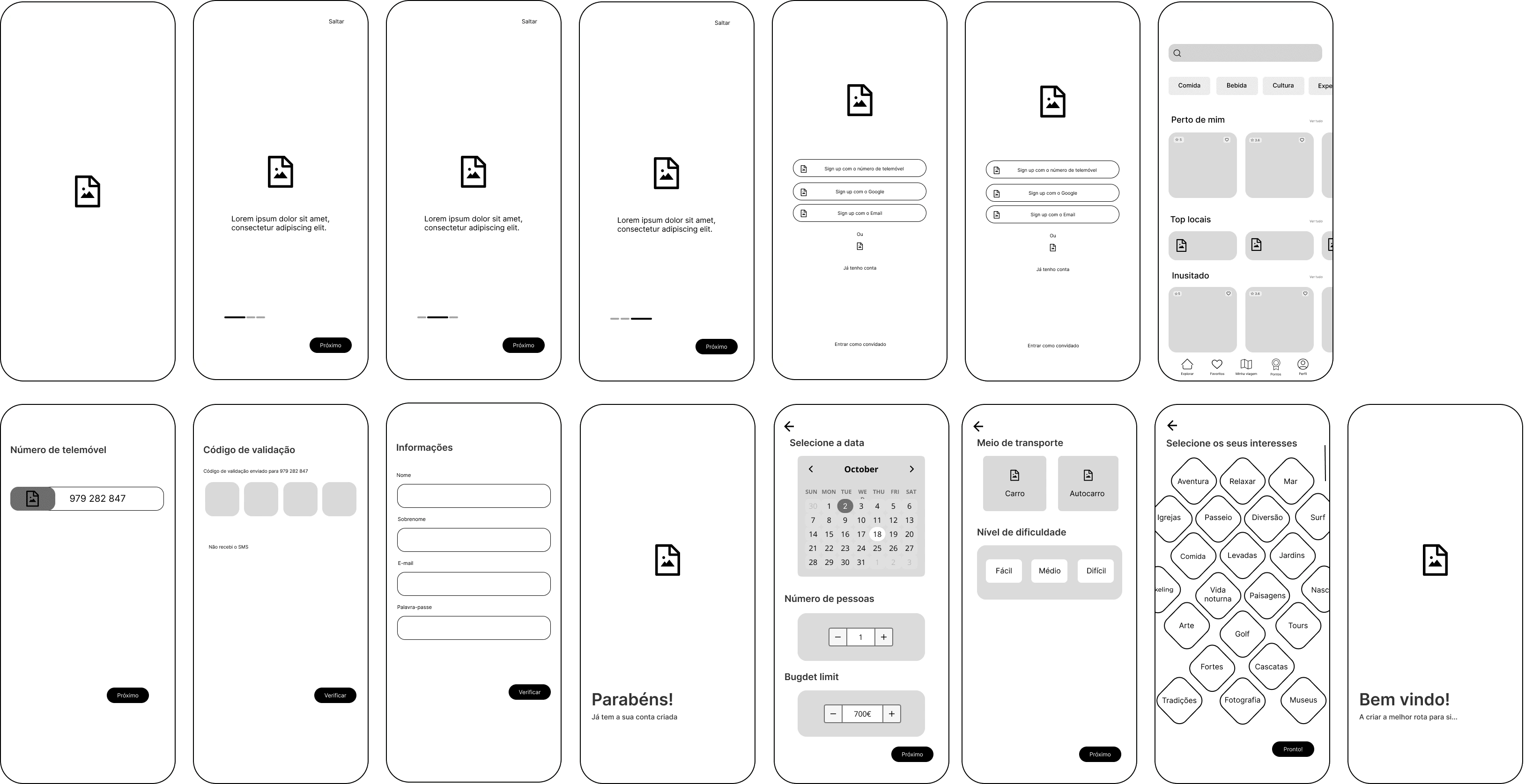 Wireframes da criação da conta e preenchimento do questionário