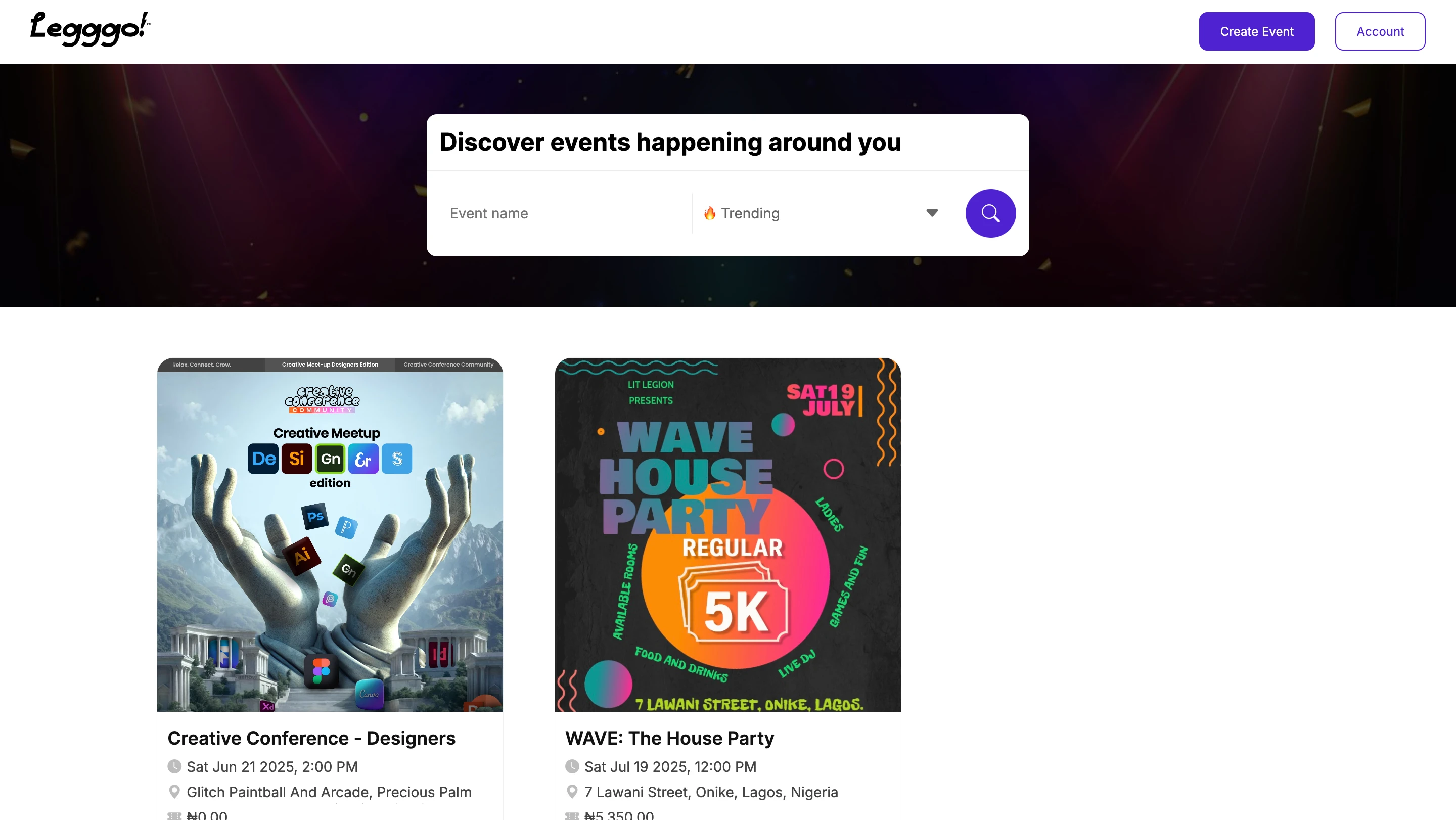 Hero section with upcoming events and search functionality to look for events happening around you 