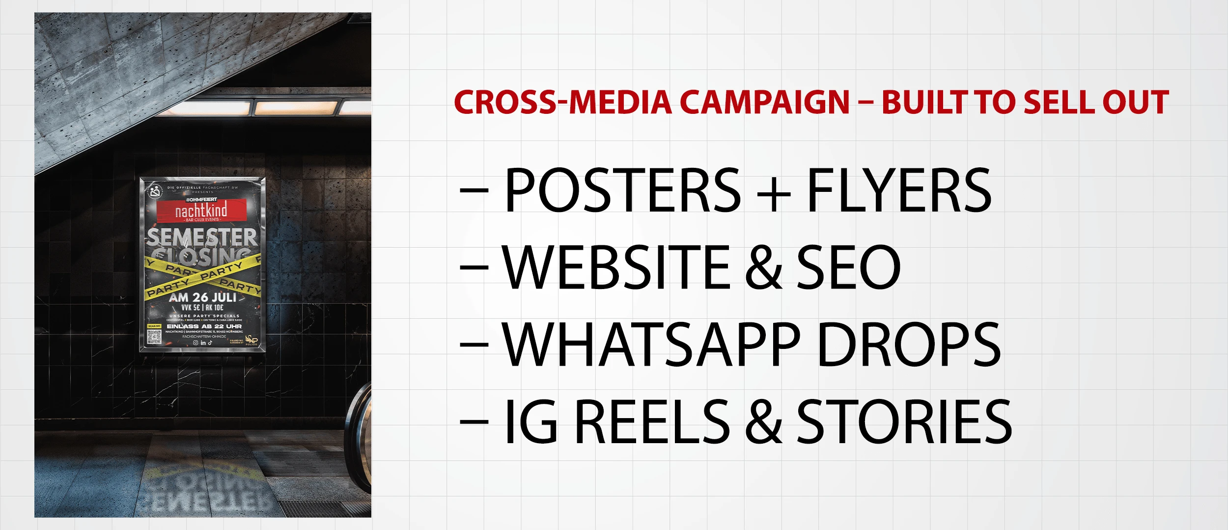 Multi-channel execution across flyers, SEO, WhatsApp, and IG.