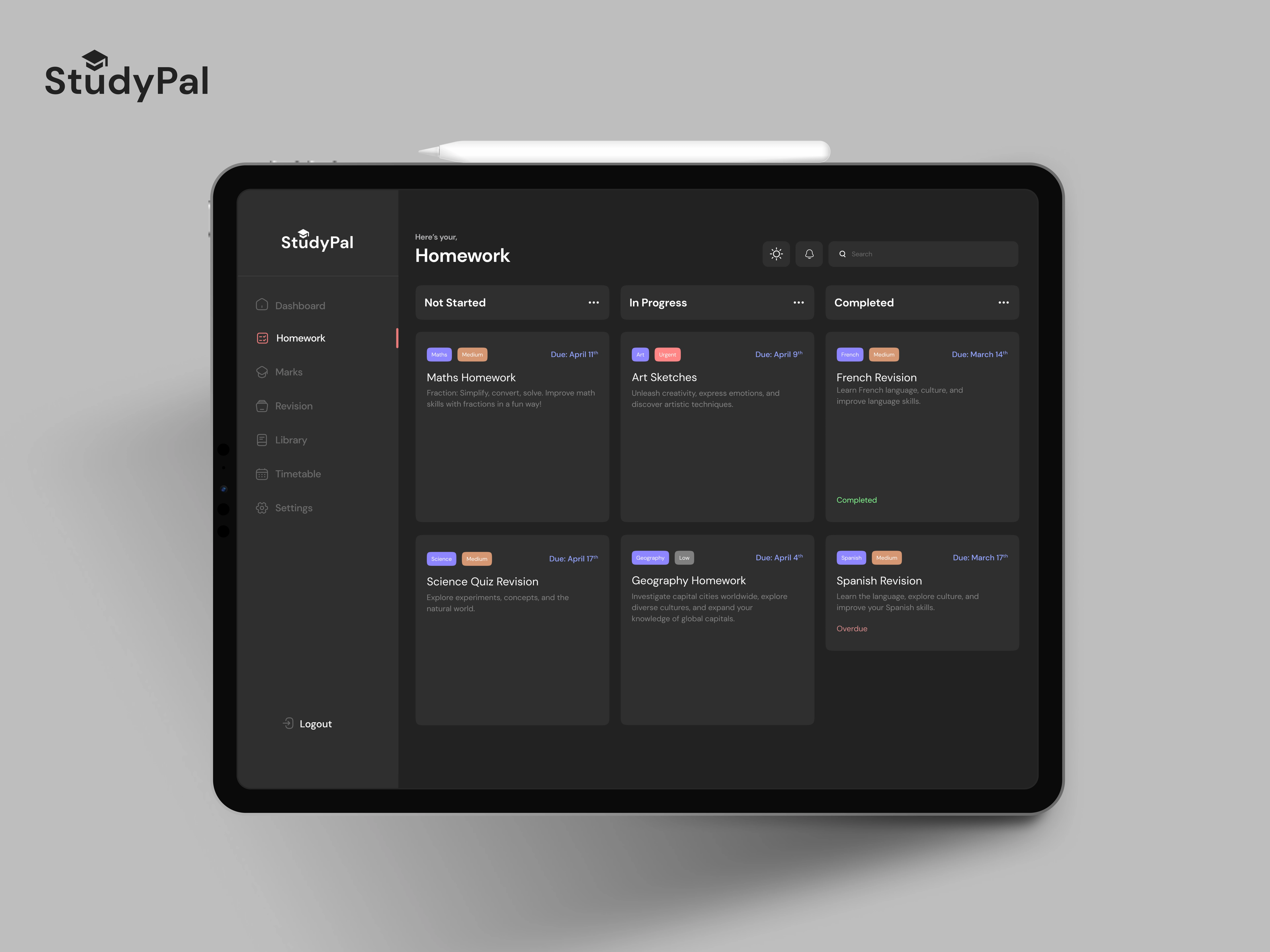 Here's another screen users will interact with often; it's a homework management screen that displays different tasks with priority levels indicated by colours. This colour coded system helps users quickly identify the difficulty level of each task.