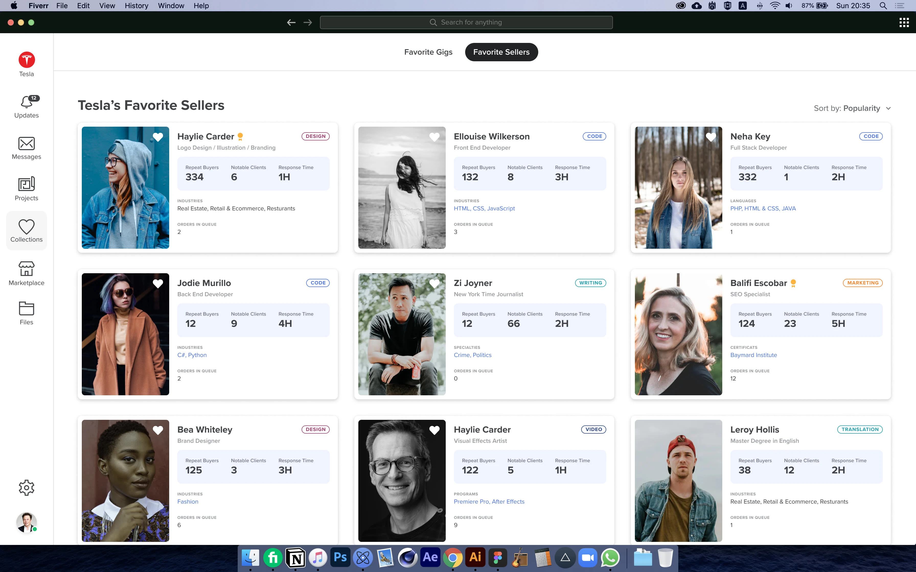 Favorite sellers screen