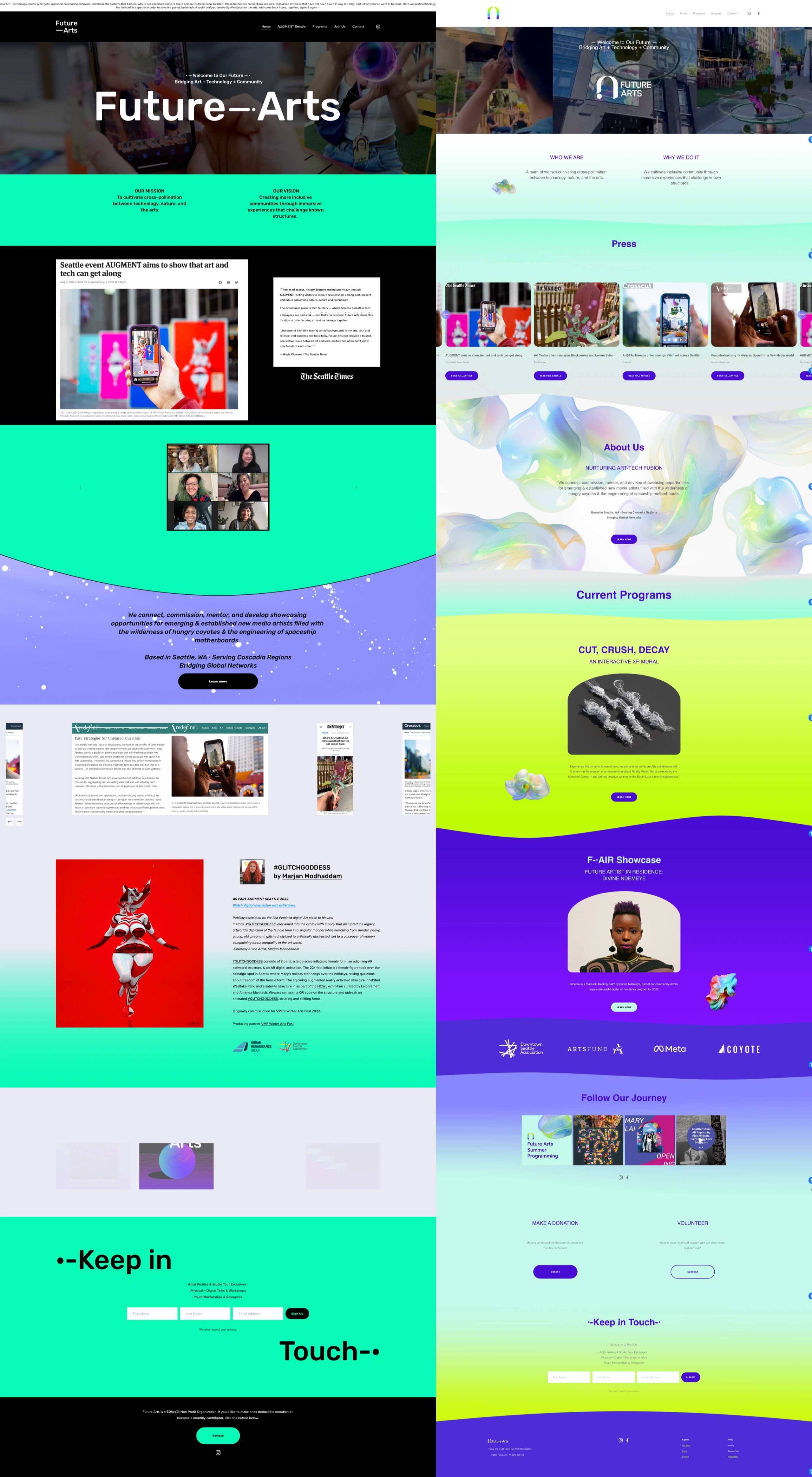 Home Page: Before (left) and After (right): Redesigned for improved navigation, cohesive layout, and enhanced aesthetic with vibrant colors. Prioritized accessibility and user flow to create a more engaging and user-friendly experience.
