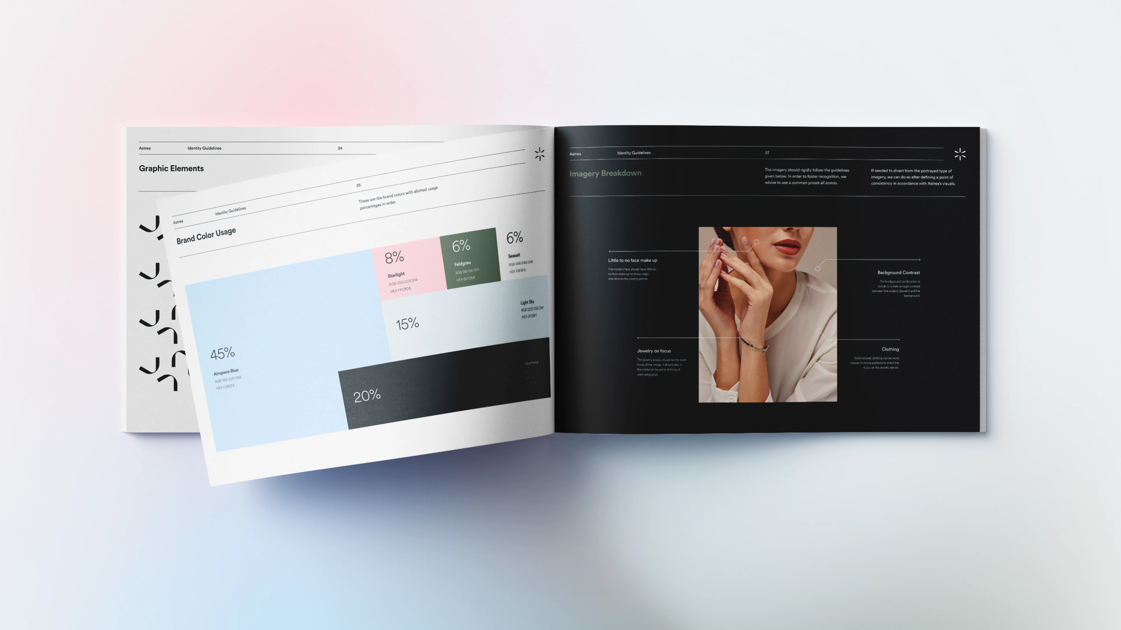 Brand guidelines outlining the usage rules of brand's assets - color, typography, imagery, and more.