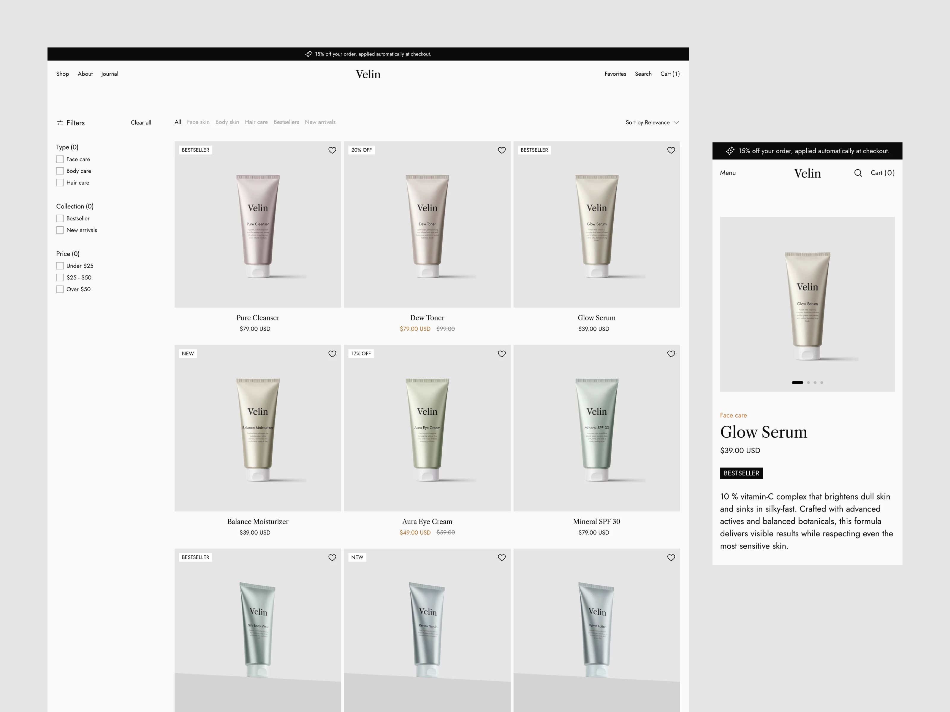 Grid layout of skincare products with minimal, clean styling.