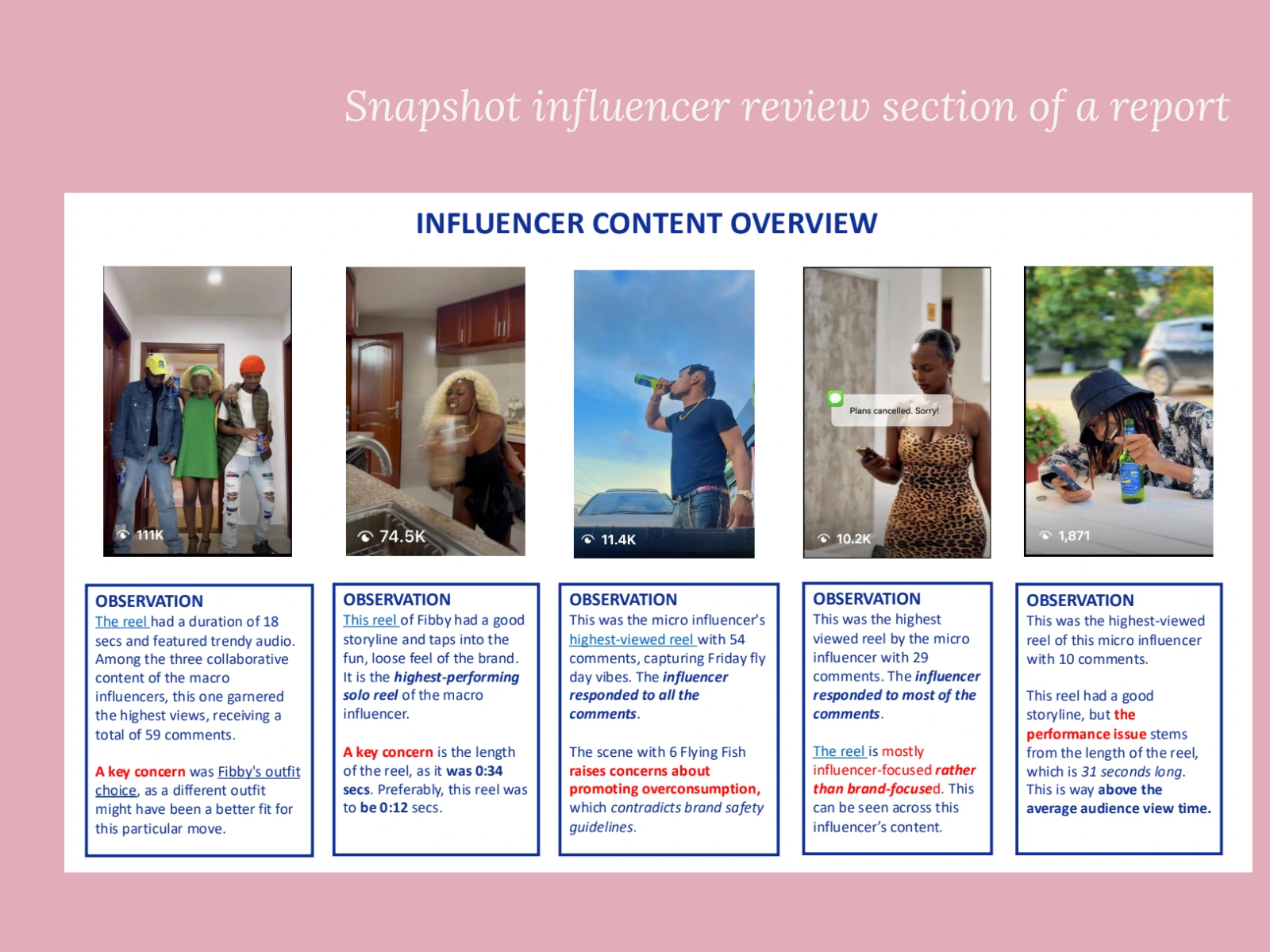 Snapshot from the report that had the analysis and review of the Influencer content.