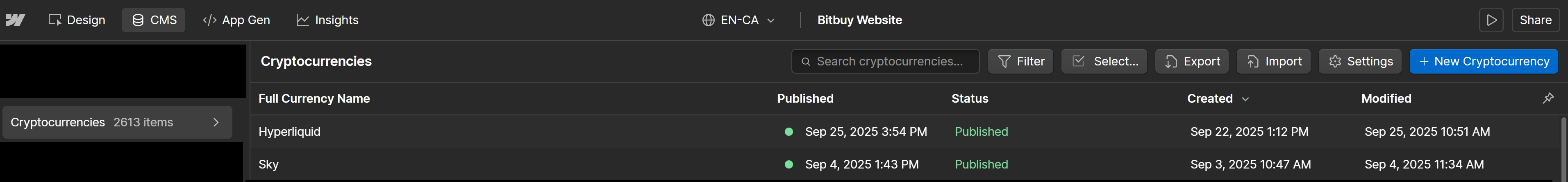Webflow CMS representing the cryptocurrencies with 2 examples shown