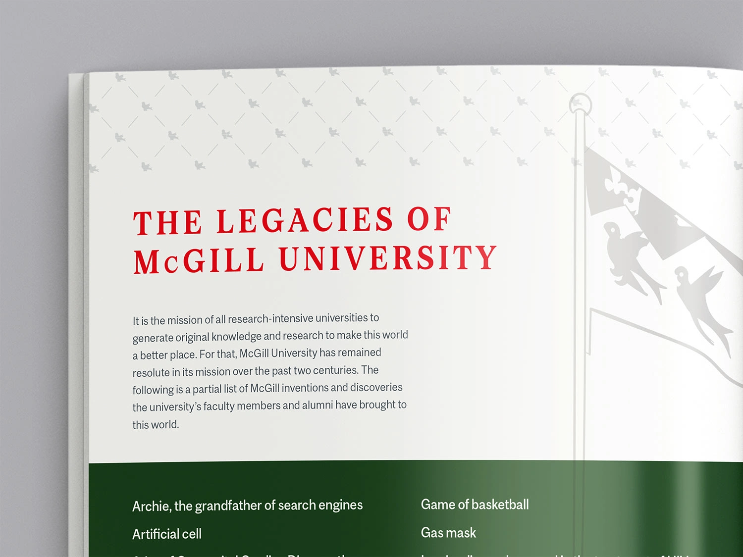 Interior Spread – Legacy Section Opener – Layout combining large type and soft illustration to frame historical context.