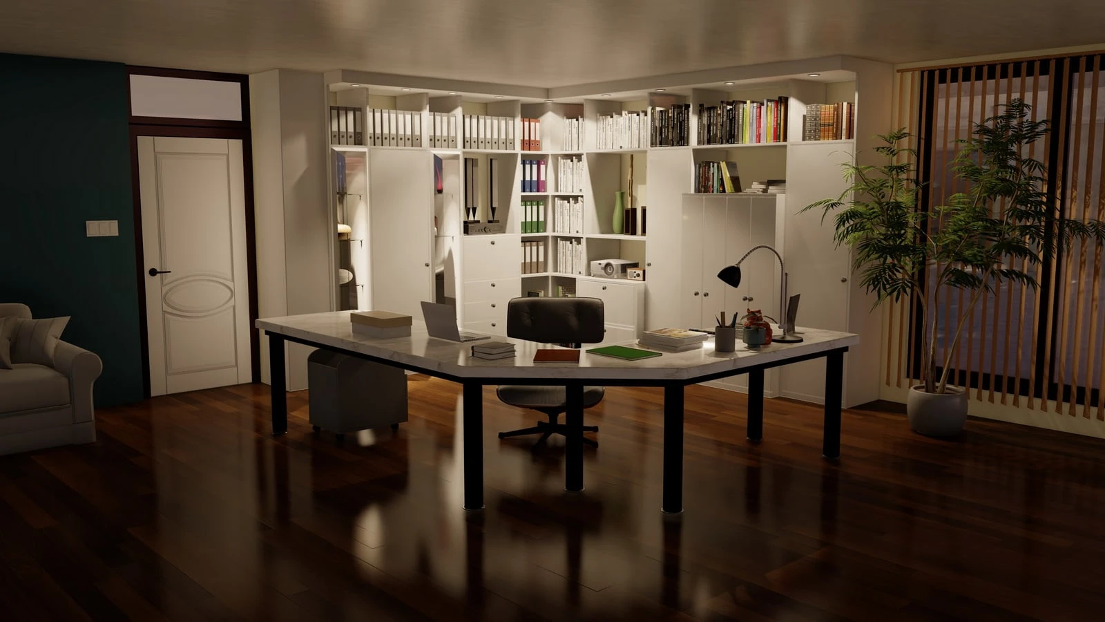 7. (7-7 Lilly's Office 2024 (ongoing renovation project), location: San Diego, California, USA;  Owner(s): L. E. E.;   Designer: CD Exmundo;   Builder: various unknown  contractor;   Tools:  Modeled in AutoCAD R22,  Rendered in  Lumion 10.5; Photo edited (resized) in Corel Photo Paint in 2024. 